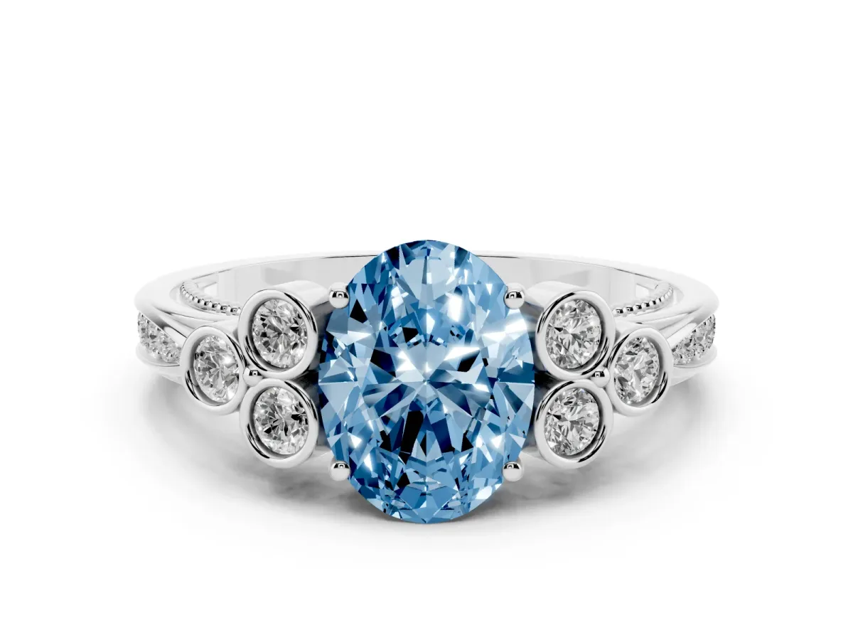 Fancy Blue Oval Cut Cut Diamond Engagement Ring with Bezel Set Round Side Stones and Prong Setting Silver