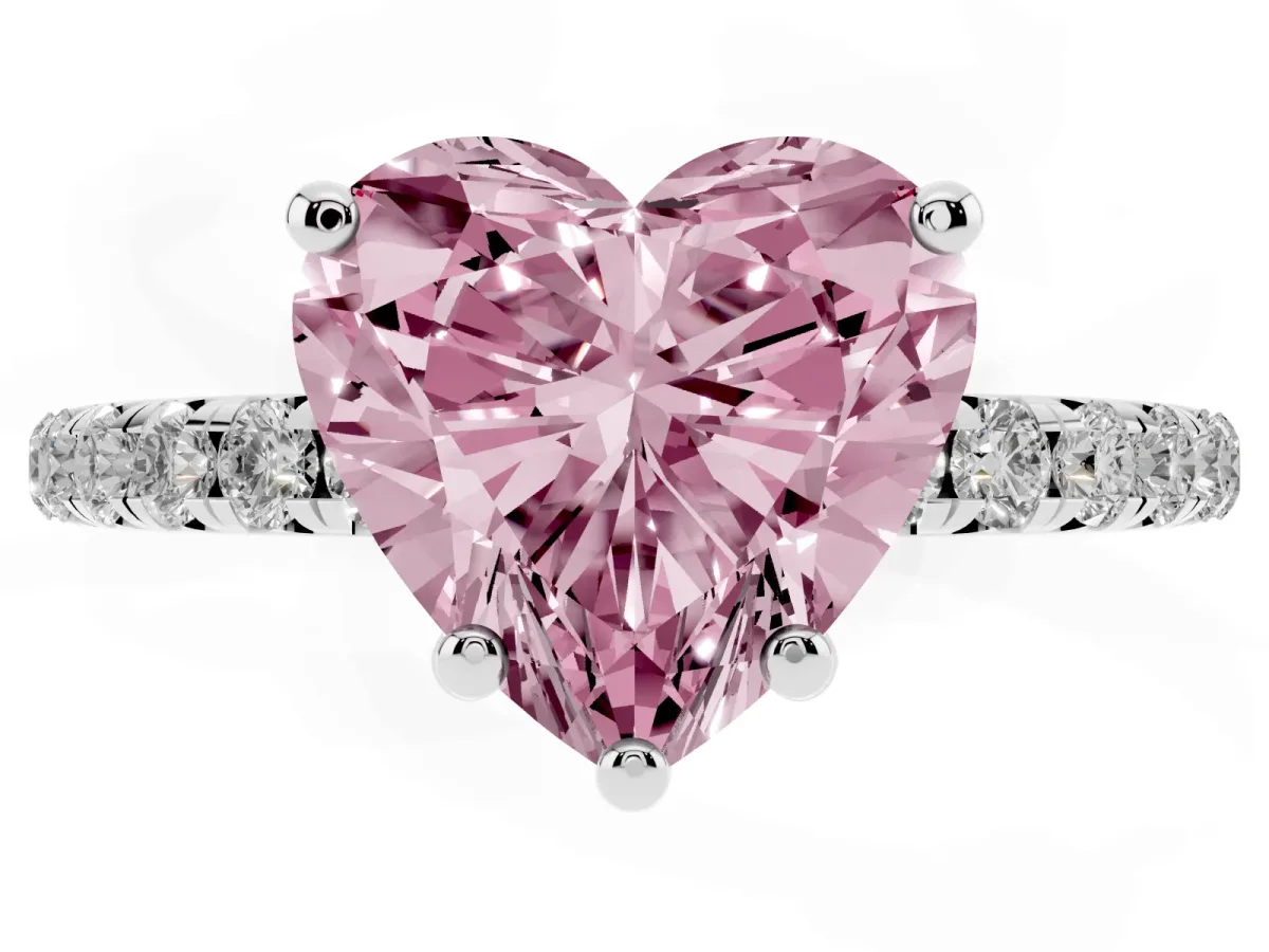 Fancy Pink Heart Cut Cut Diamond Solitaire Ring with Micro Pave Band and Four Prong Setting Platinum