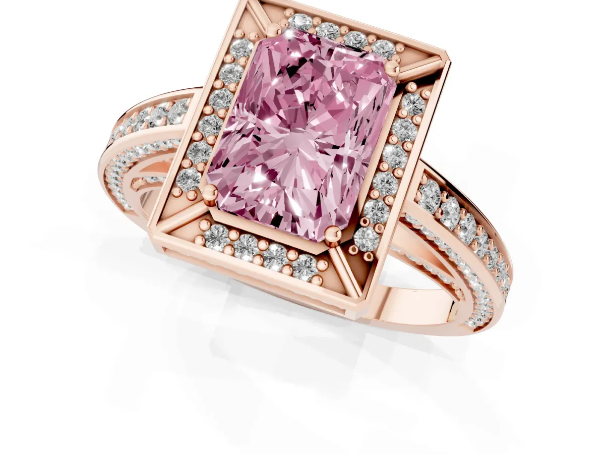 Fancy Pink Radiant Cut Cut Halo Pave Split Shank Prong Setting Ring Rose gold