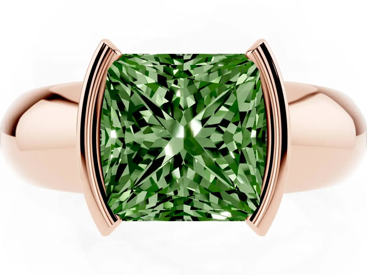 Fancy Green Princess Cut Solitaire Tension Set Diamond Ring with Wide Band Rose gold