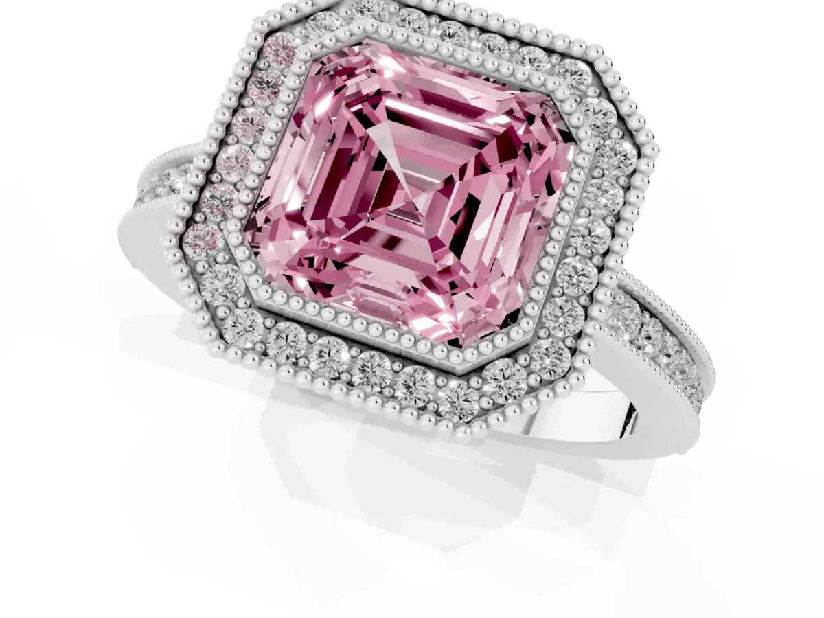 Fancy Pink Asscher Cut Cut Halo Diamond Ring with Pavé Band and Milgrain Prong Setting Silver