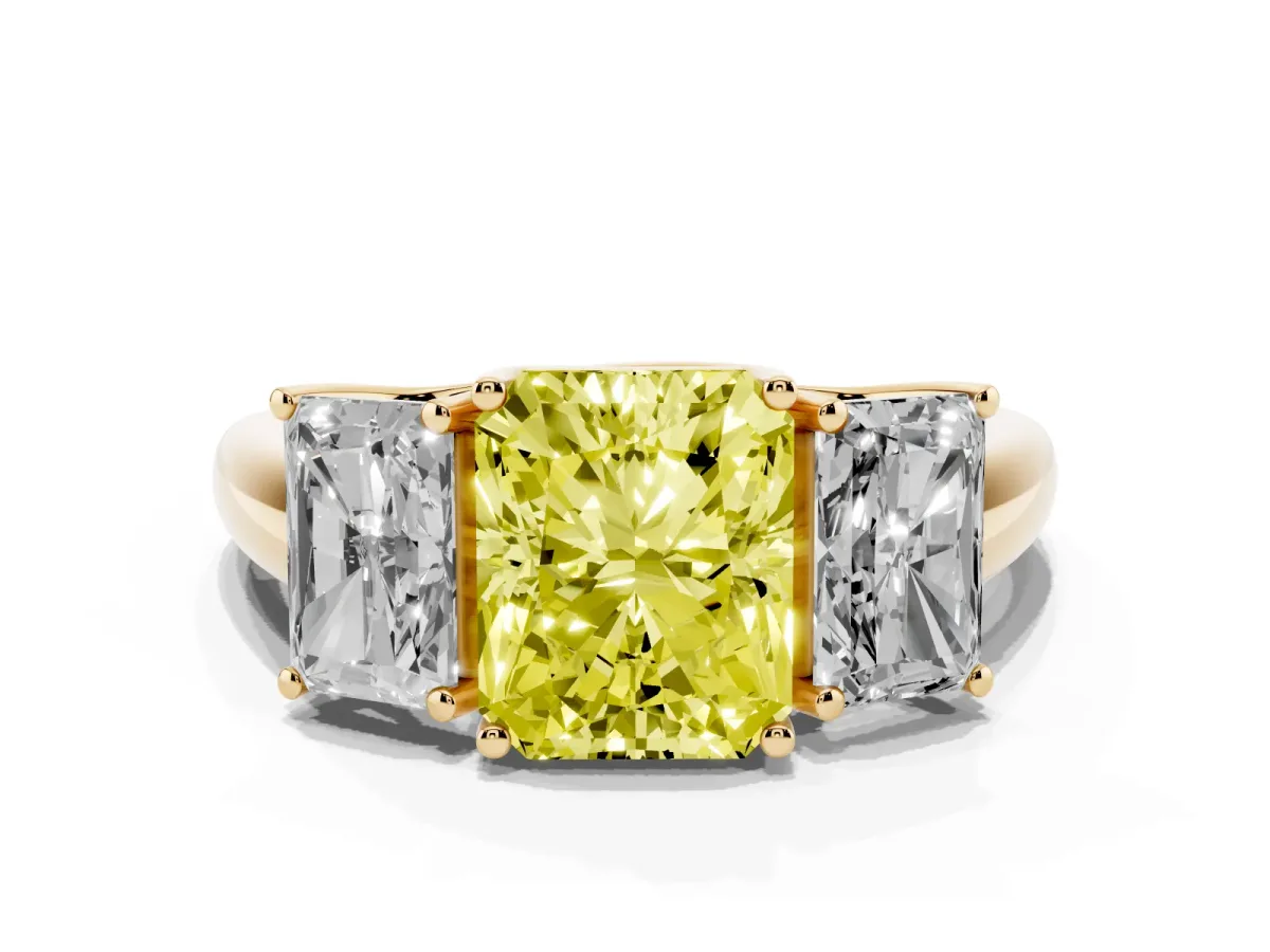 Fancy Yellow Three-Stone Radiant Cut Diamond Engagement Ring with Prong Setting Yellow gold