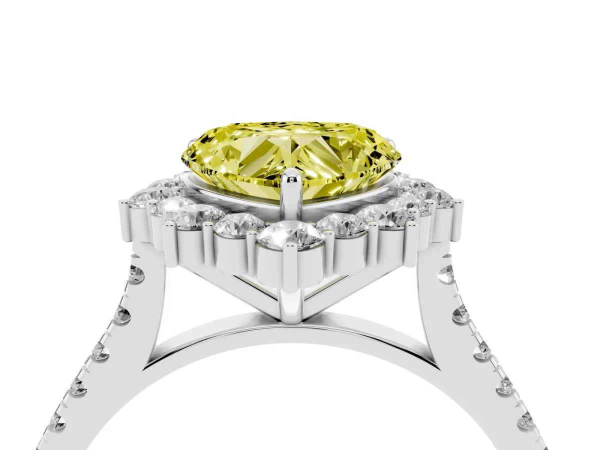 Fancy Yellow Heart Cut Halo Diamond Ring with Pavé Band and Prong Setting Silver