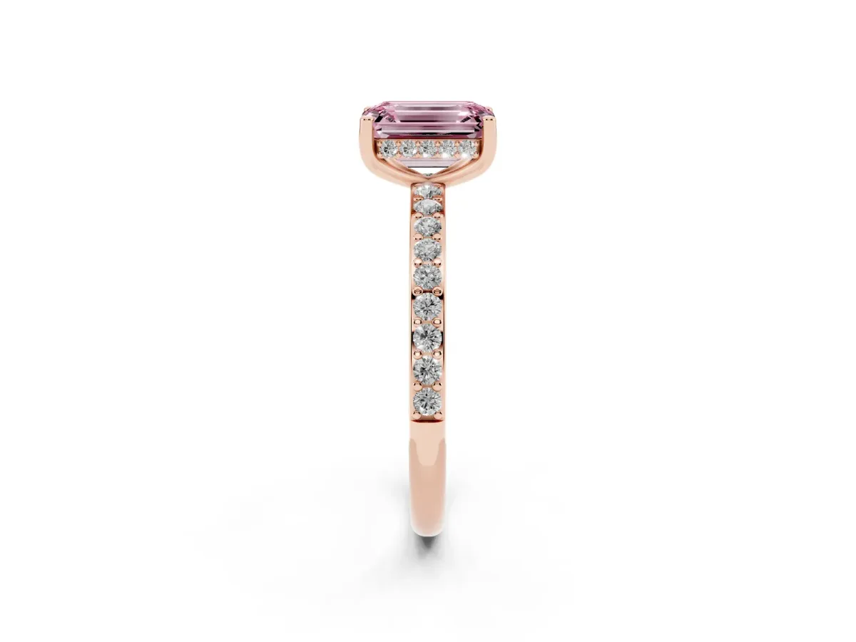 Fancy Pink Emerald Cut Cut Diamond Pavé Band Ring with Four-Prong Setting Rose gold