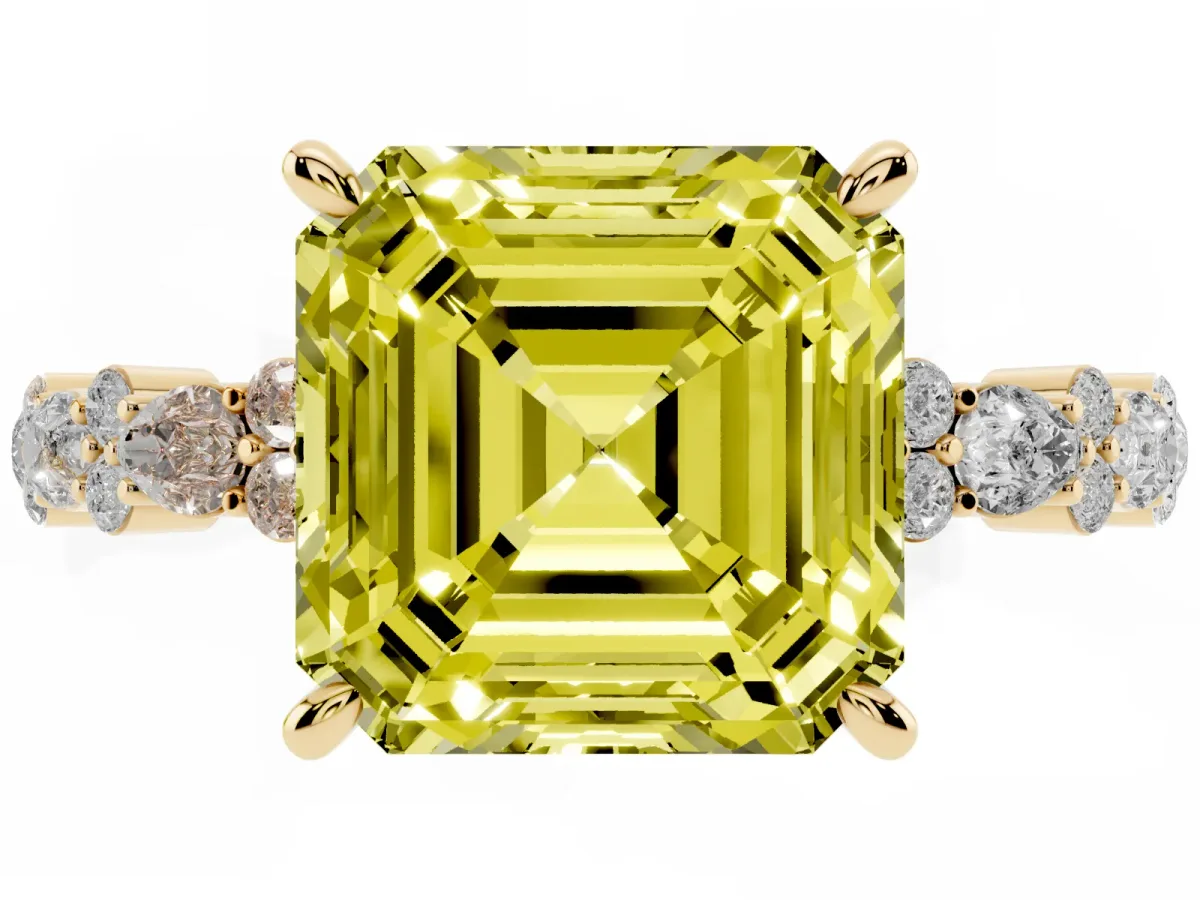Fancy Yellow Asscher Cut Diamond Side Stone Solitaire Ring with Round and Four-Prong Setting Yellow gold
