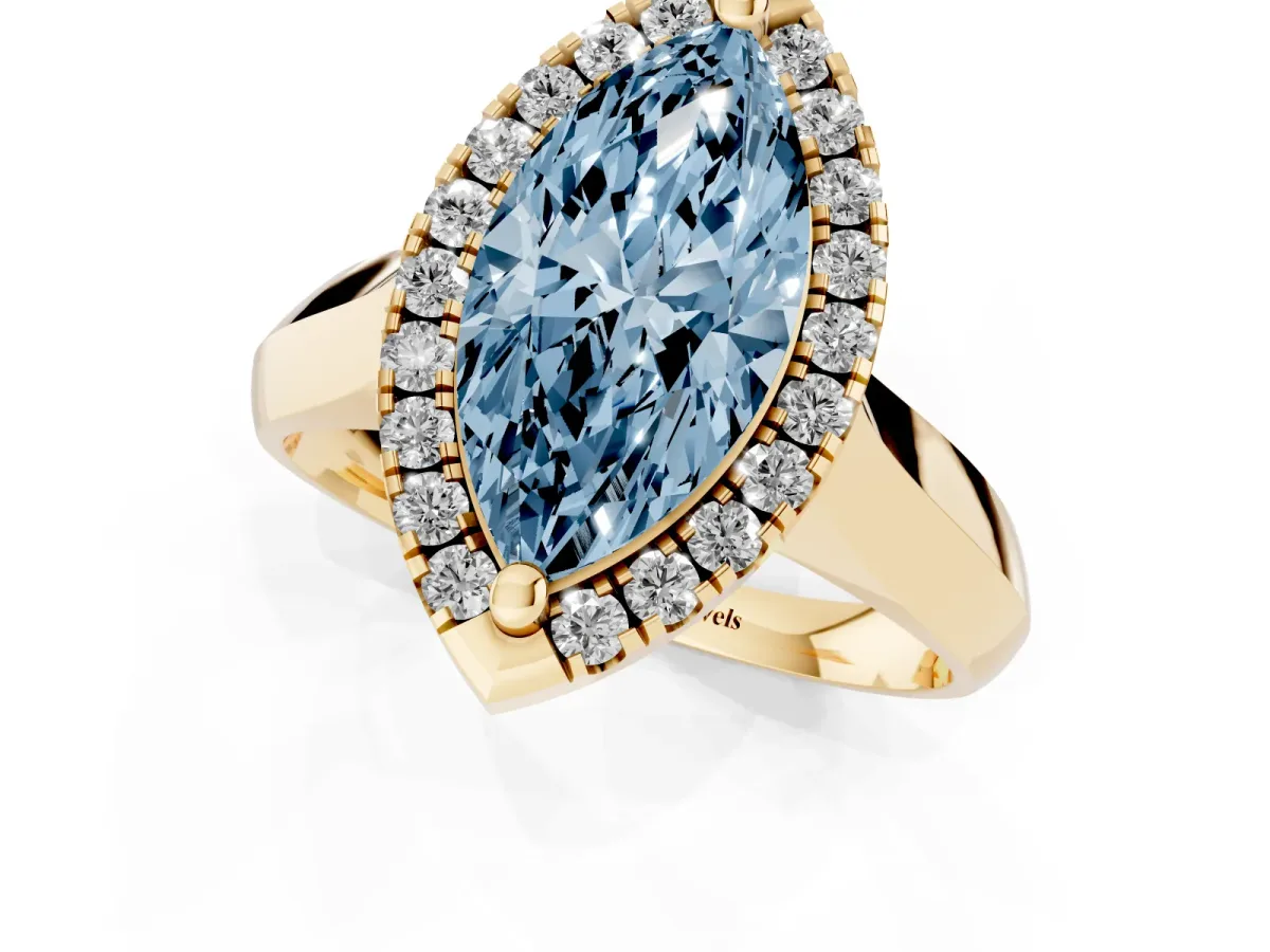 Fancy Blue Marquise Cut Cut Halo Solitaire Engagement Ring with Square Band and Four-Prong Setting Yellow gold