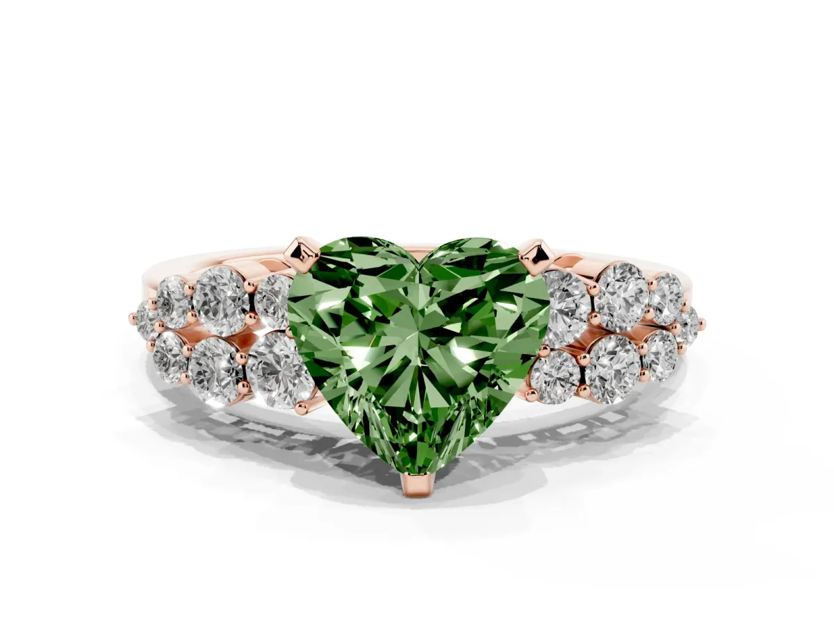 Fancy Green Heart Cut Cluster Diamond Engagement Ring with Pavé Band and Four-Prong Setting Rose gold