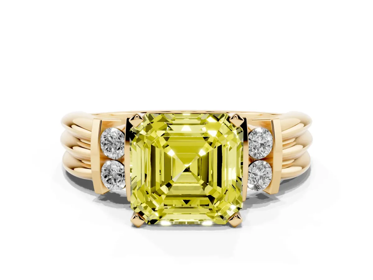 Fancy Yellow Asscher Cut Cut Three-Stone Channel Set Ring with Bar Prongs Yellow gold
