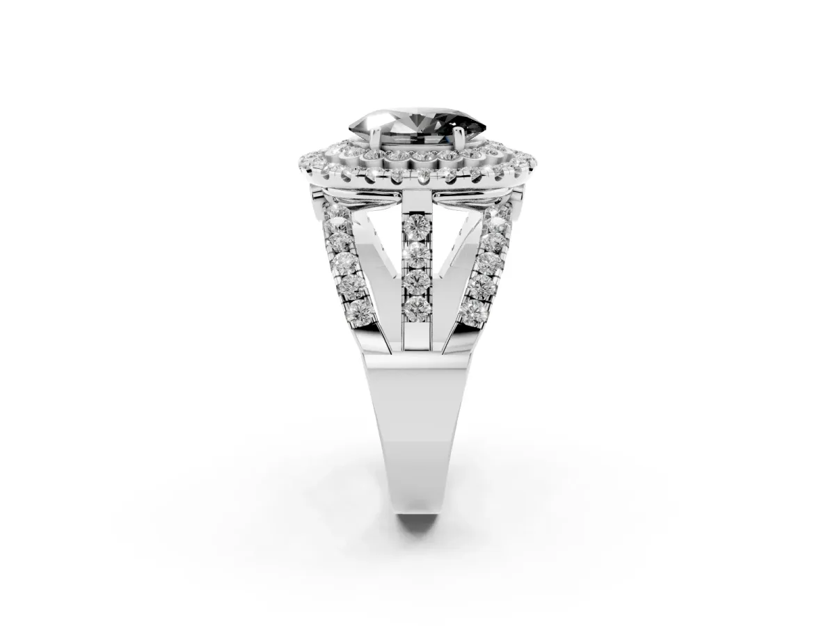Fancy Black Oval Cut Diamond Double Halo Ring with Round Pavé Split Shank and Prong Setting Silver