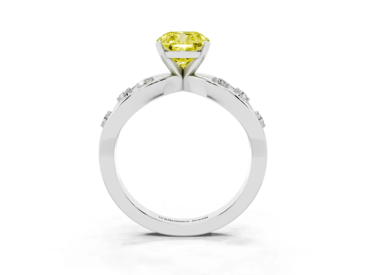 Fancy Yellow Cushion Cut Cut Solitaire Diamond with Side Stones on Criss-Cross Band and Four-Prong Setting Silver