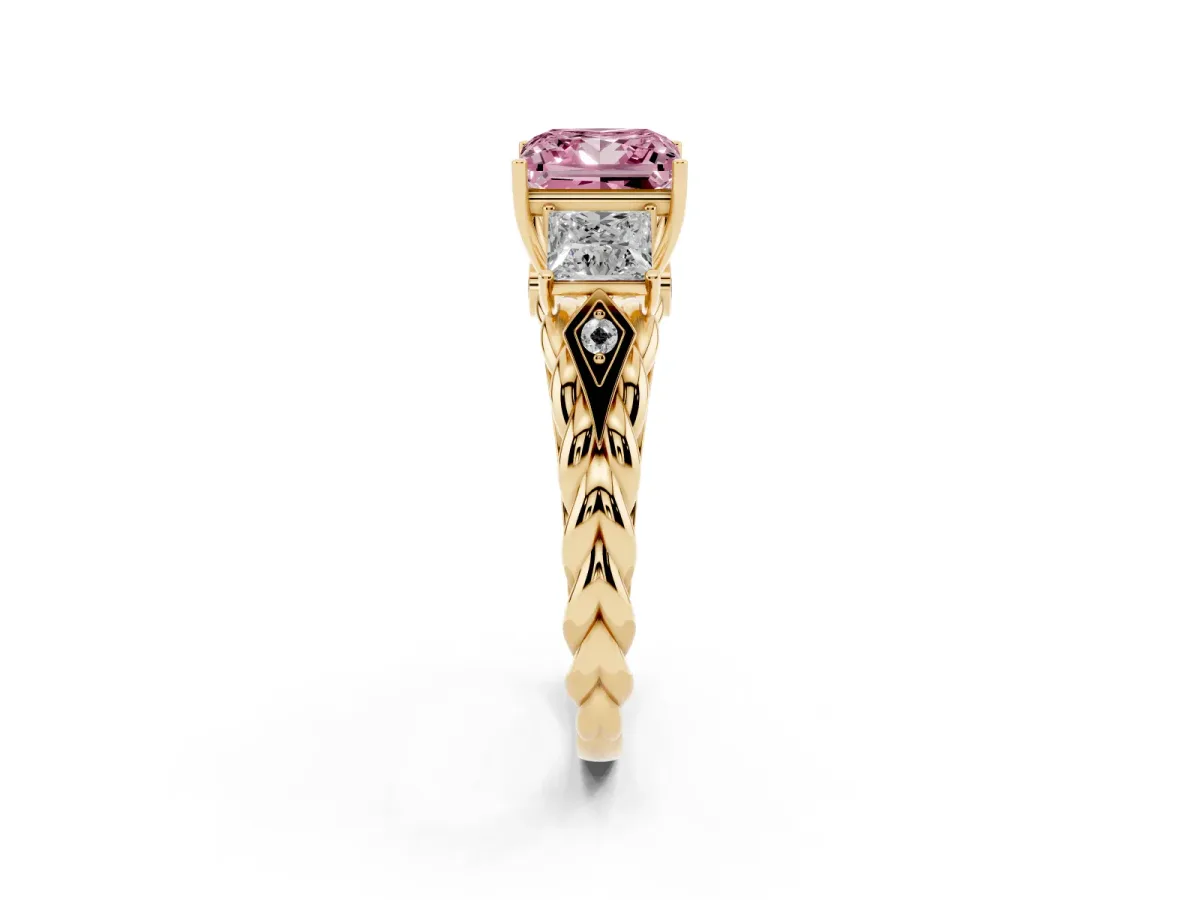 Fancy Pink Three-Stone Princess Cut Diamond Braided Band Ring with Four-Prong Setting Yellow gold