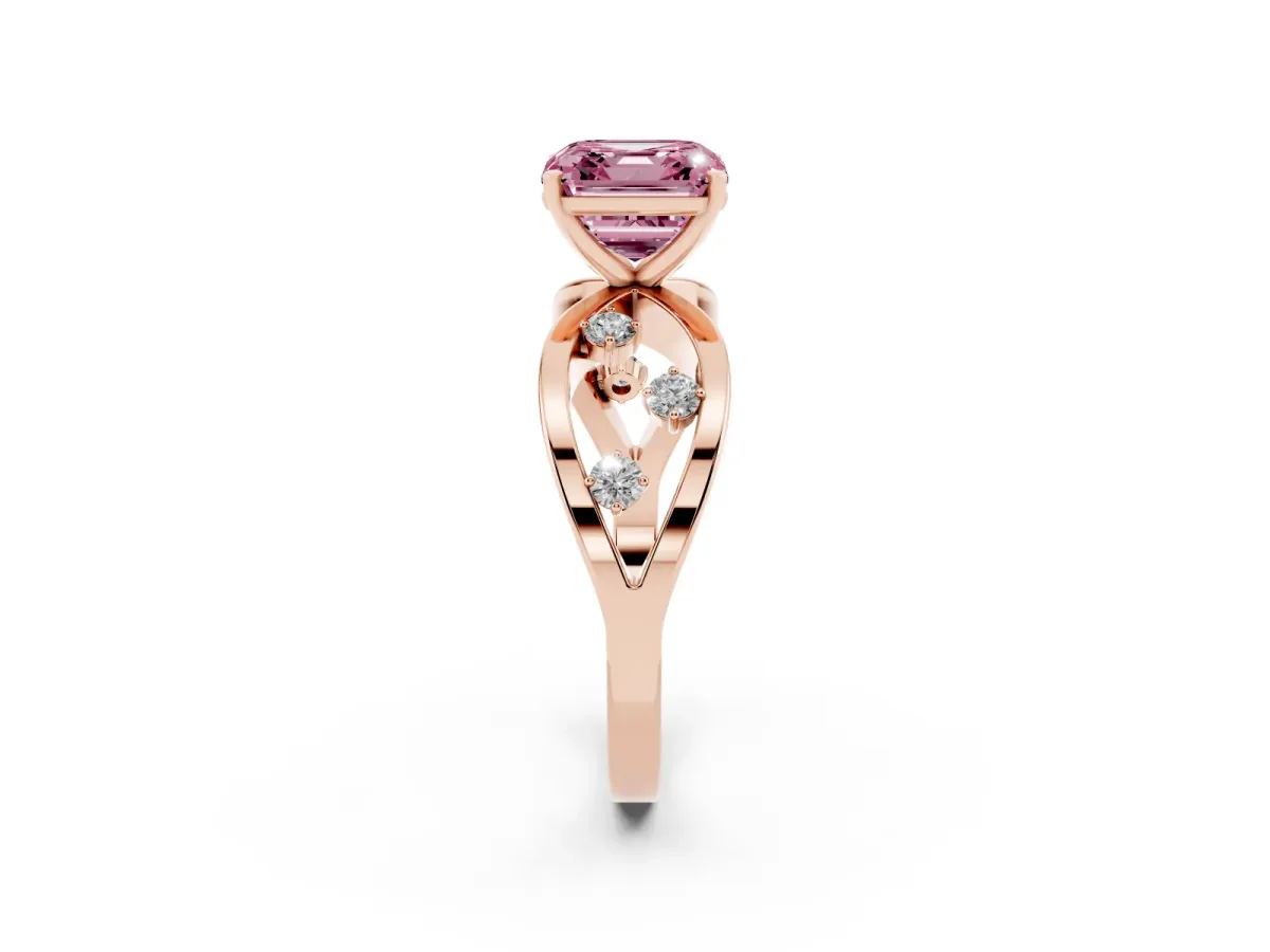Fancy Pink Asscher Cut Cut Solitaire Diamond with Side Stones on Criss-Cross Band and Four-Prong Setting Rose gold