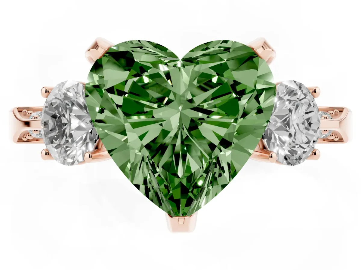 Fancy Green Heart Cut Brilliant Three-Stone Diamond Ring with Pavé Band and Four-Prong Setting Rose gold