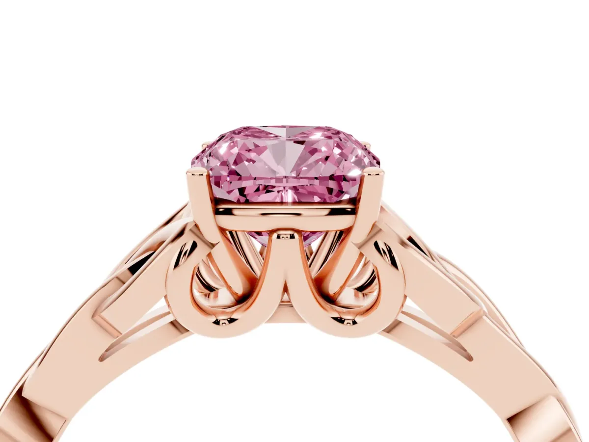 Fancy Pink Cushion Cut Diamond Solitaire Engagement Ring with Celtic Knot Band and Four-Prong Setting Rose gold