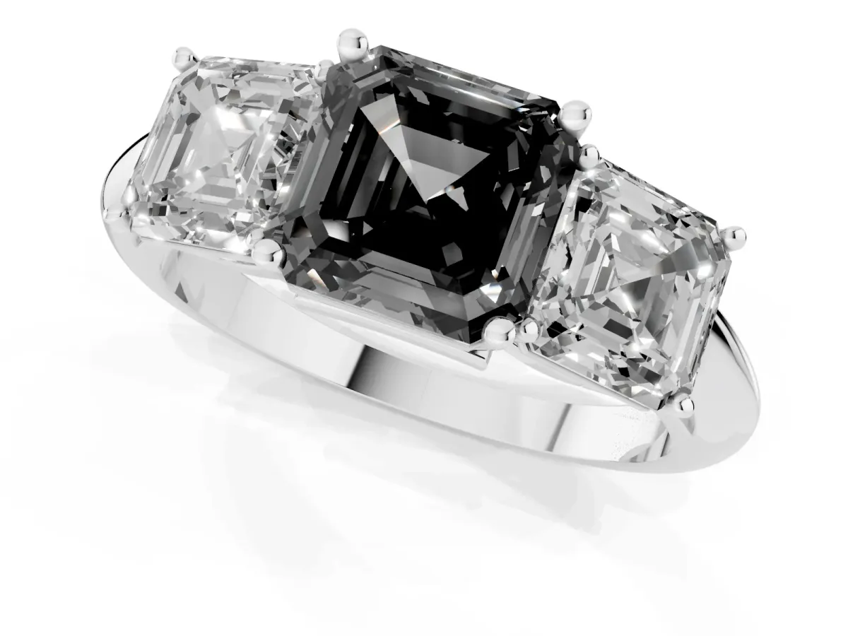 Fancy Black Three-Stone Asscher Cut Cut Diamond Engagement Ring with Prong Setting on a White Gold Band Silver