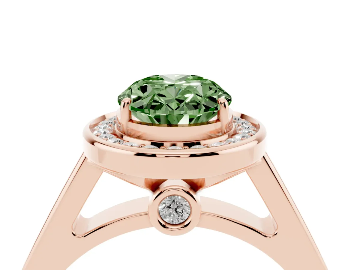 Fancy Green Oval Cut Halo Solitaire Diamond Ring with Pave Band and Bezel Setting Rose gold