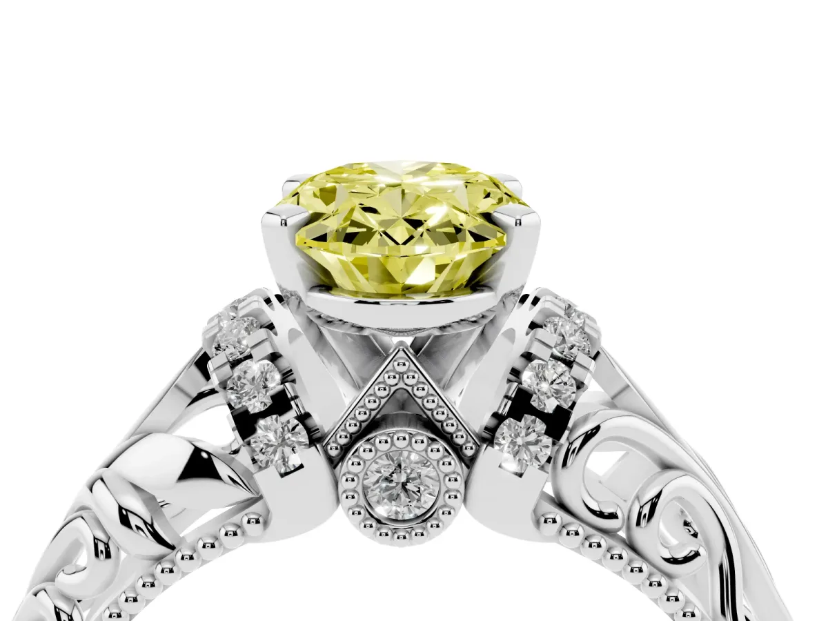Fancy Yellow Oval Cut Solitaire Filigree Engagement Ring with Halo and Prong Setting Silver