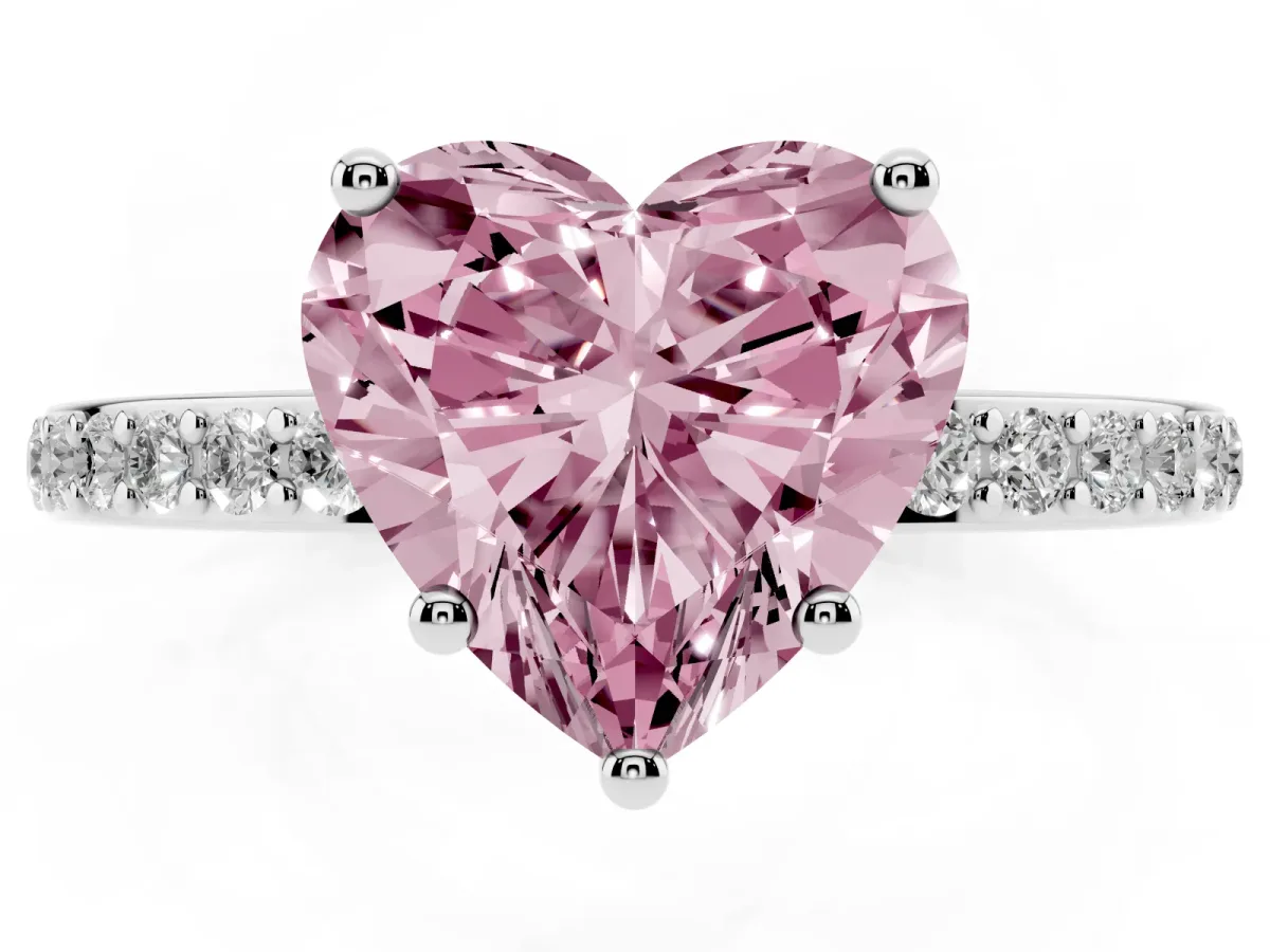Fancy Pink Heart Cut Cut Diamond Pavé Band Ring with Four-Prong Setting Silver