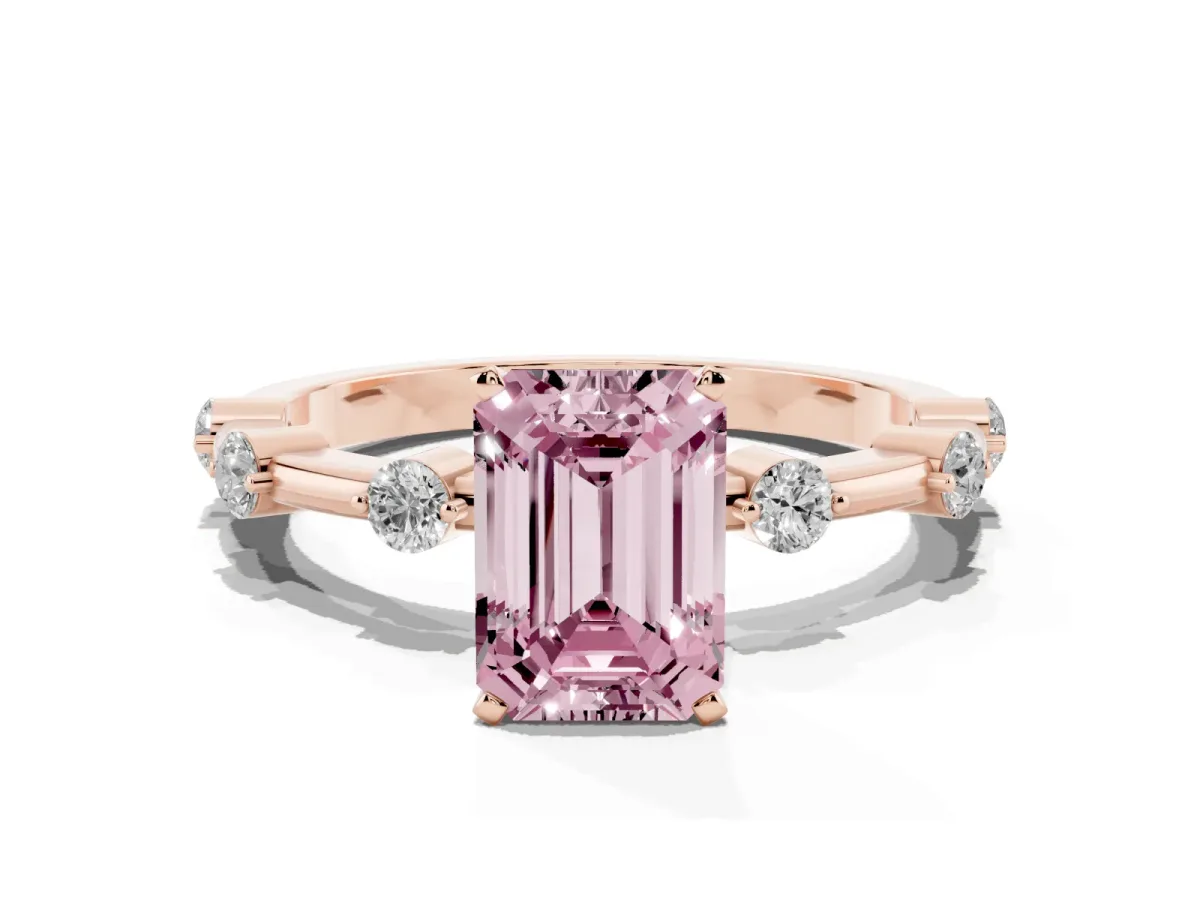 Fancy Pink Emerald Cut Solitaire Diamond Ring with Bezel Set Side Stones and Prong Setting Rose gold