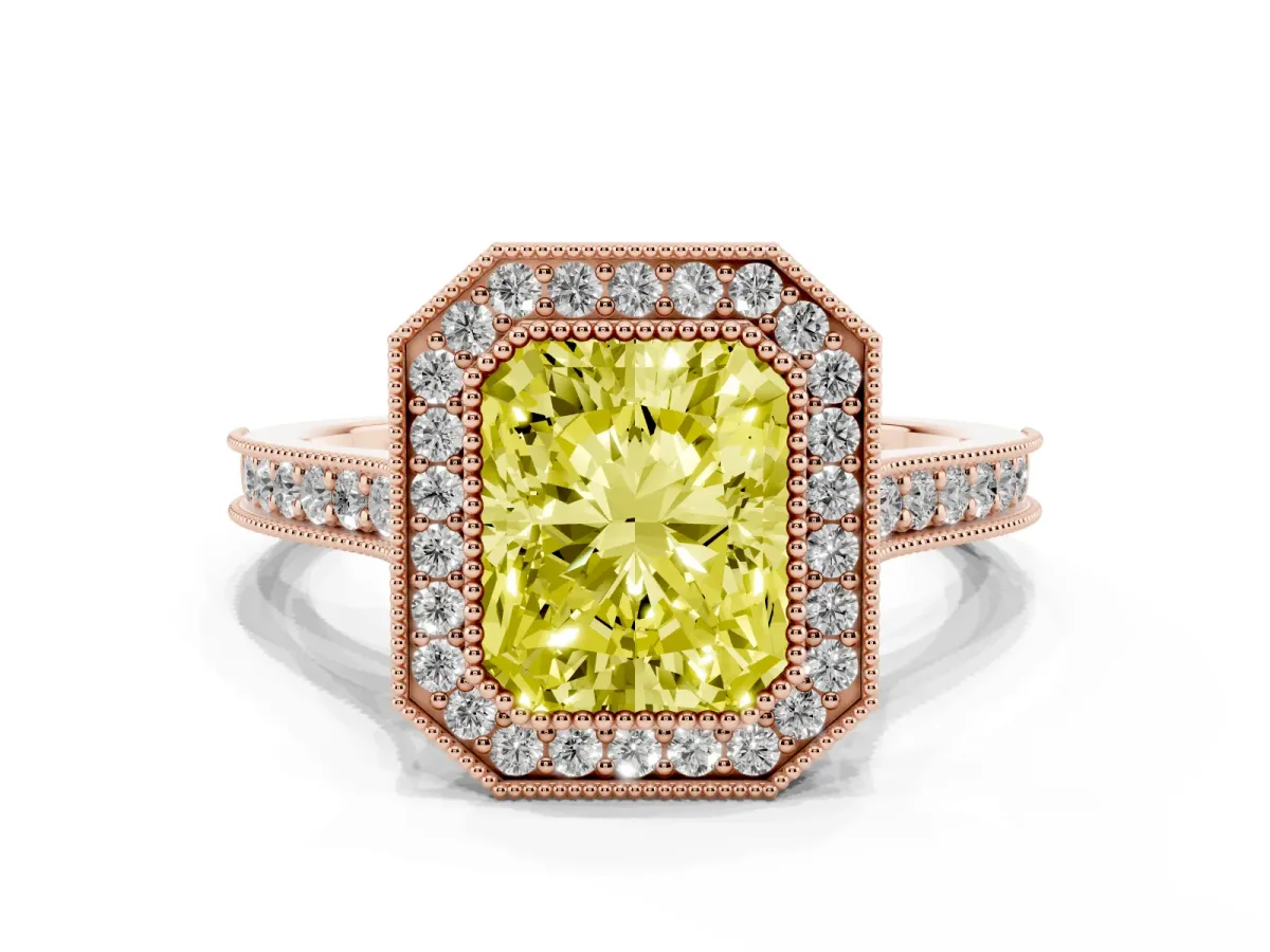 Fancy Yellow Halo Radiant Cut-Cut Diamond Pave Band Milgrain Prong Setting Ring Rose gold