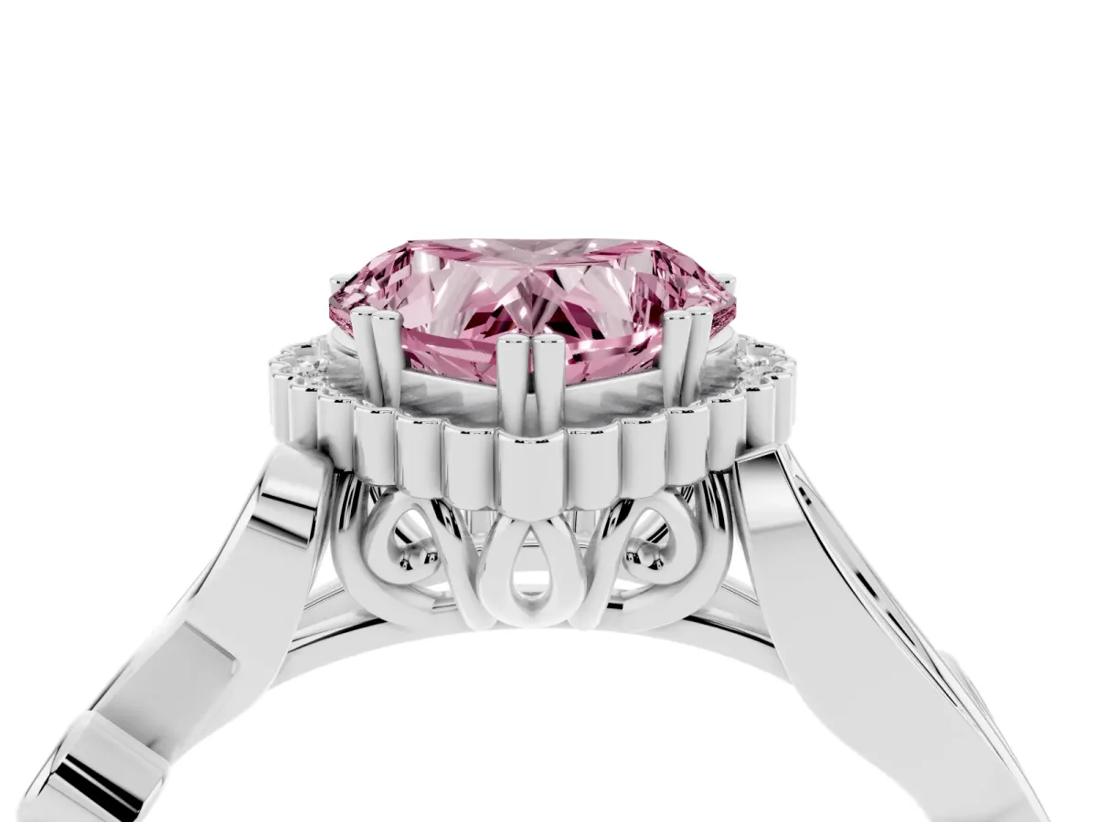 Fancy Pink Heart Cut Diamond Halo Ring with Vintage Split Shank and Four-Prong Setting Silver