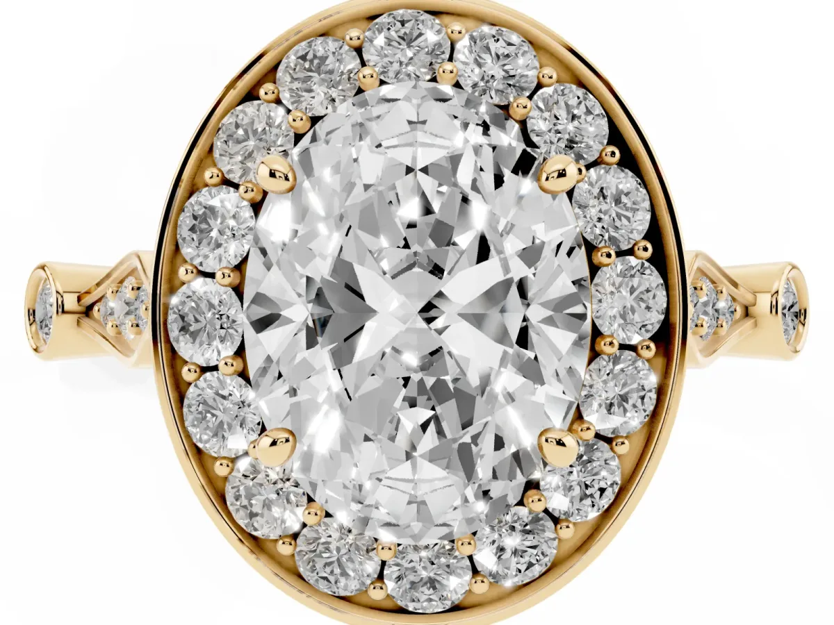 Oval Cut Halo Diamond Engagement Ring with Twisted Band and Four-Prong Setting Yellow gold