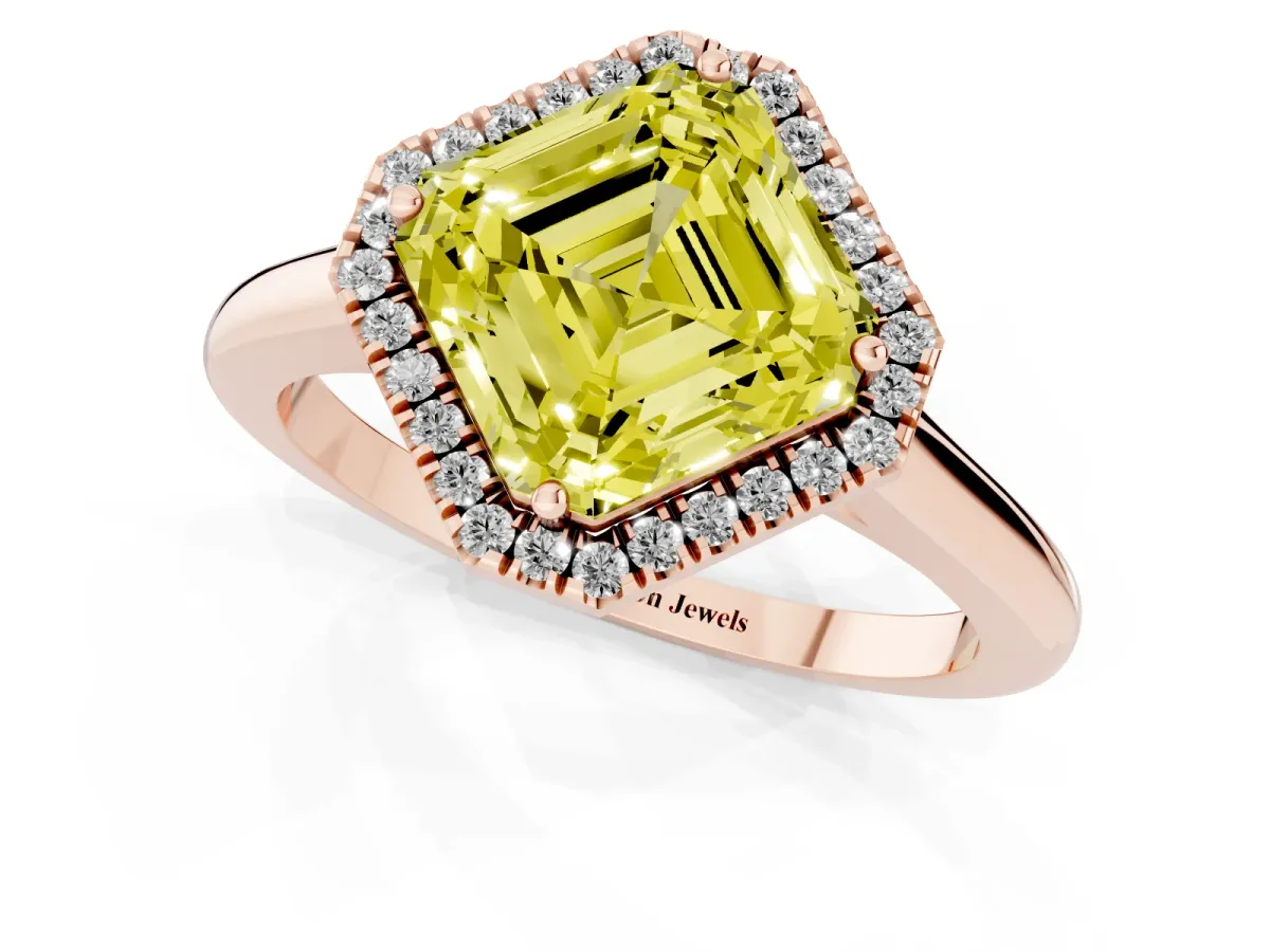Fancy Yellow Asscher Cut Halo Round Diamond Solitaire Engagement Ring with Pave Band and Four-Prong Setting Rose gold