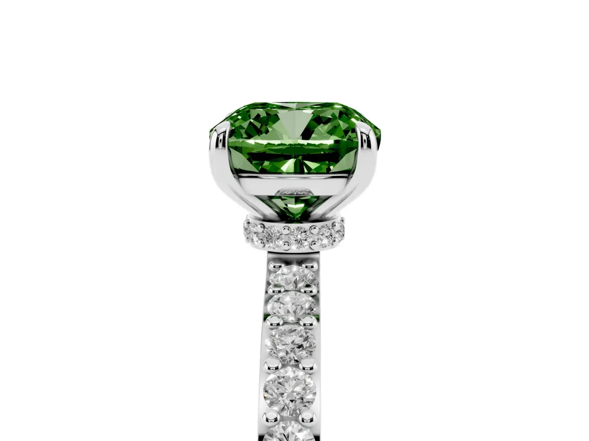 Fancy Green Cushion Cut Diamond Pavé Engagement Ring with Round Accents and Prong Setting Silver
