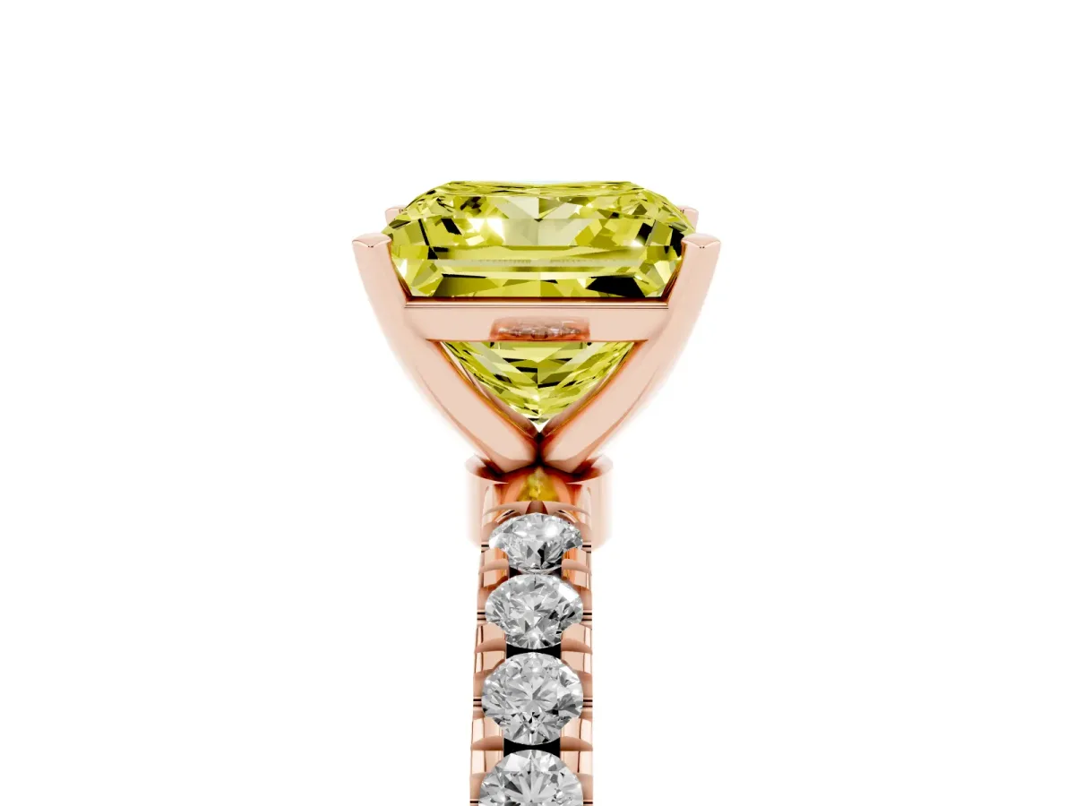 Fancy Yellow Princess Cut Diamond Solitaire Ring with Pavé Accents and Four-Prong Setting Rose gold
