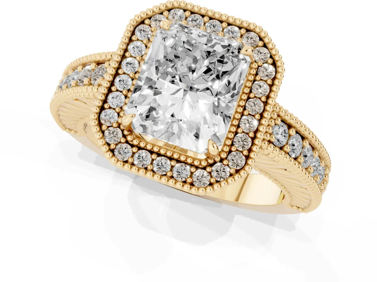 Radiant Cut Cut Halo Diamond Ring with Pavé Band and Four-Prong Setting Yellow gold