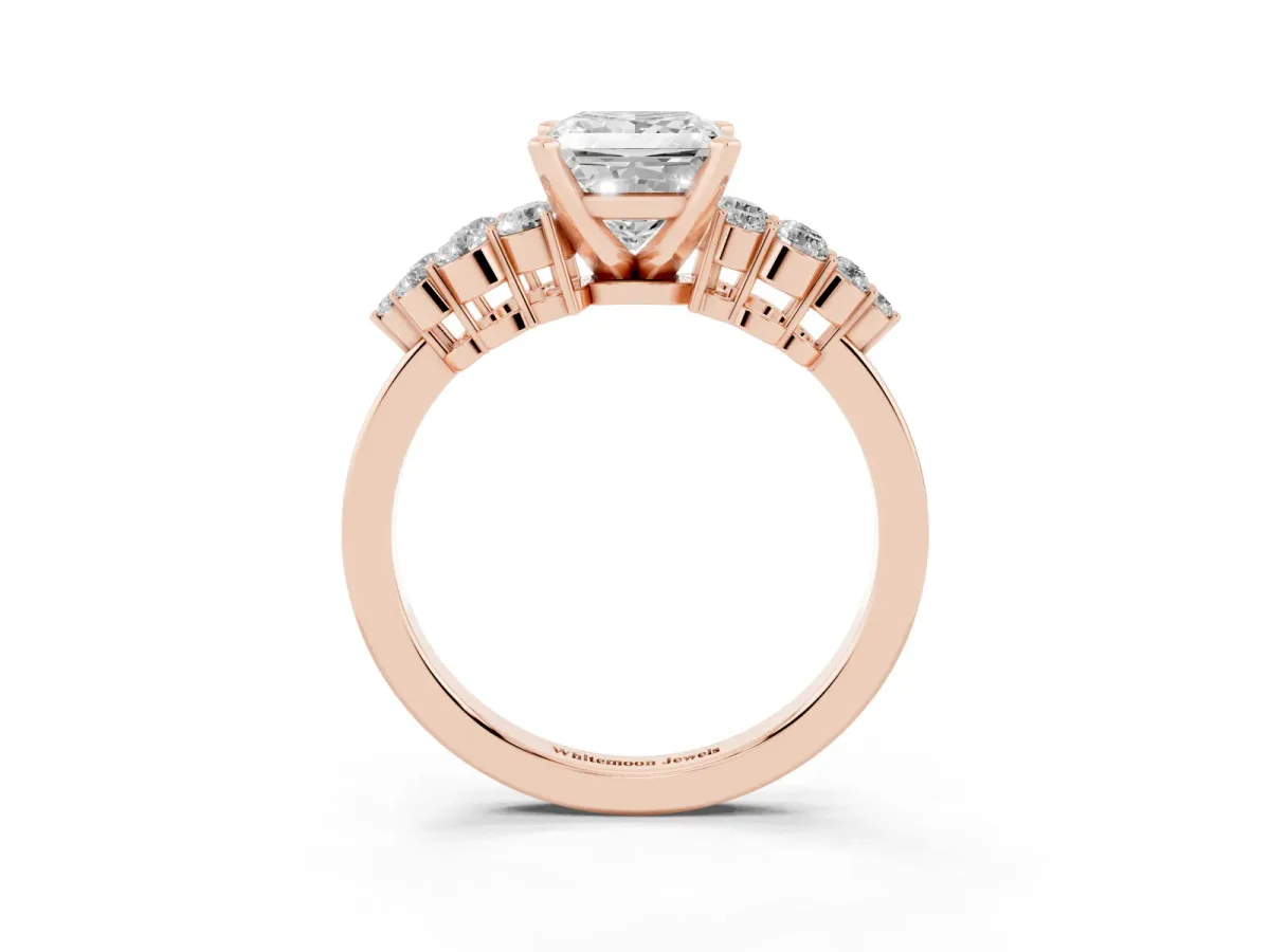 Princess Cut Cluster Diamond Engagement Ring with Pavé Band and Four-Prong Setting Rose gold