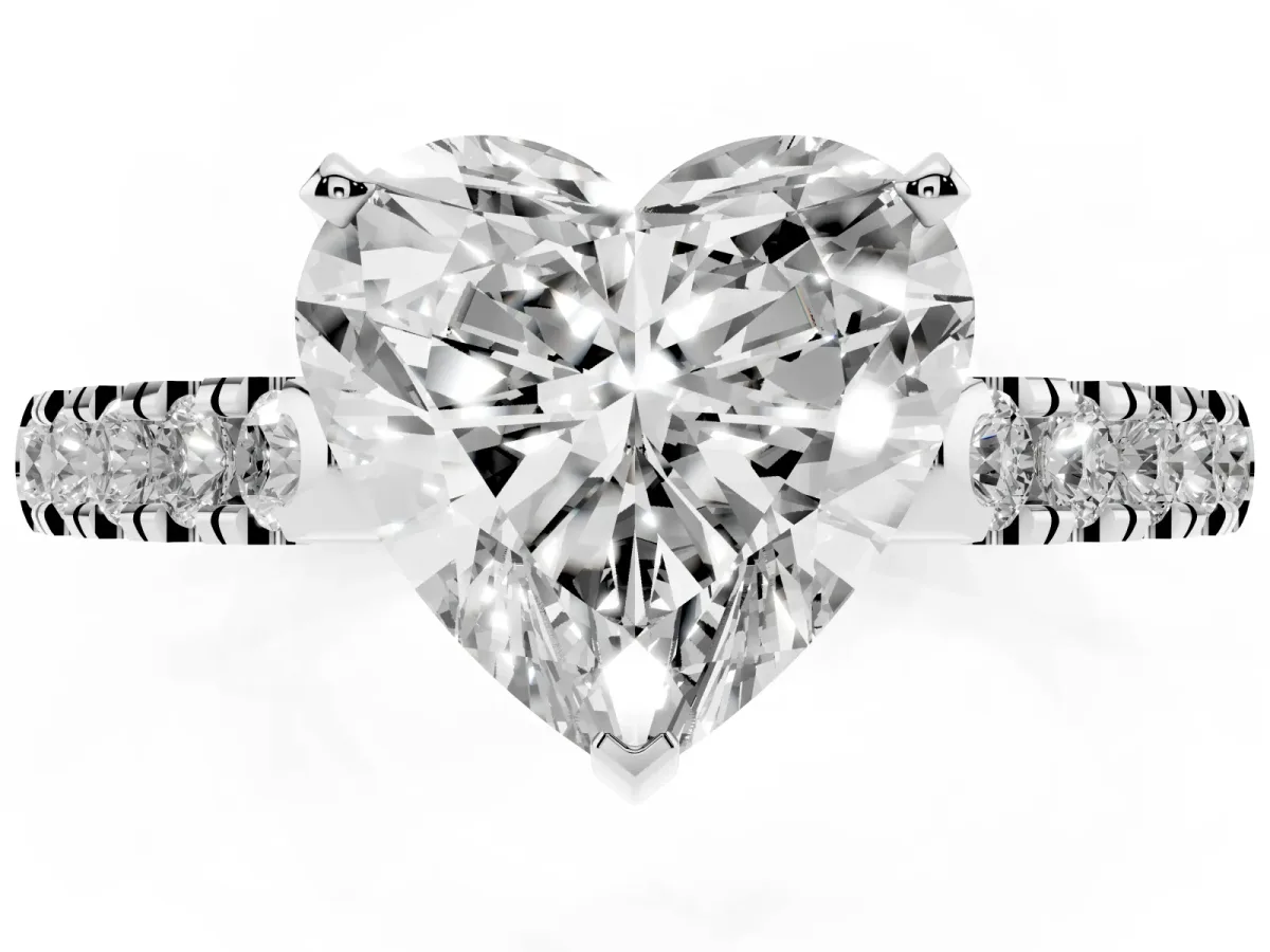 Heart Cut Diamond Pavé Band Solitaire Ring with Prong Setting Silver