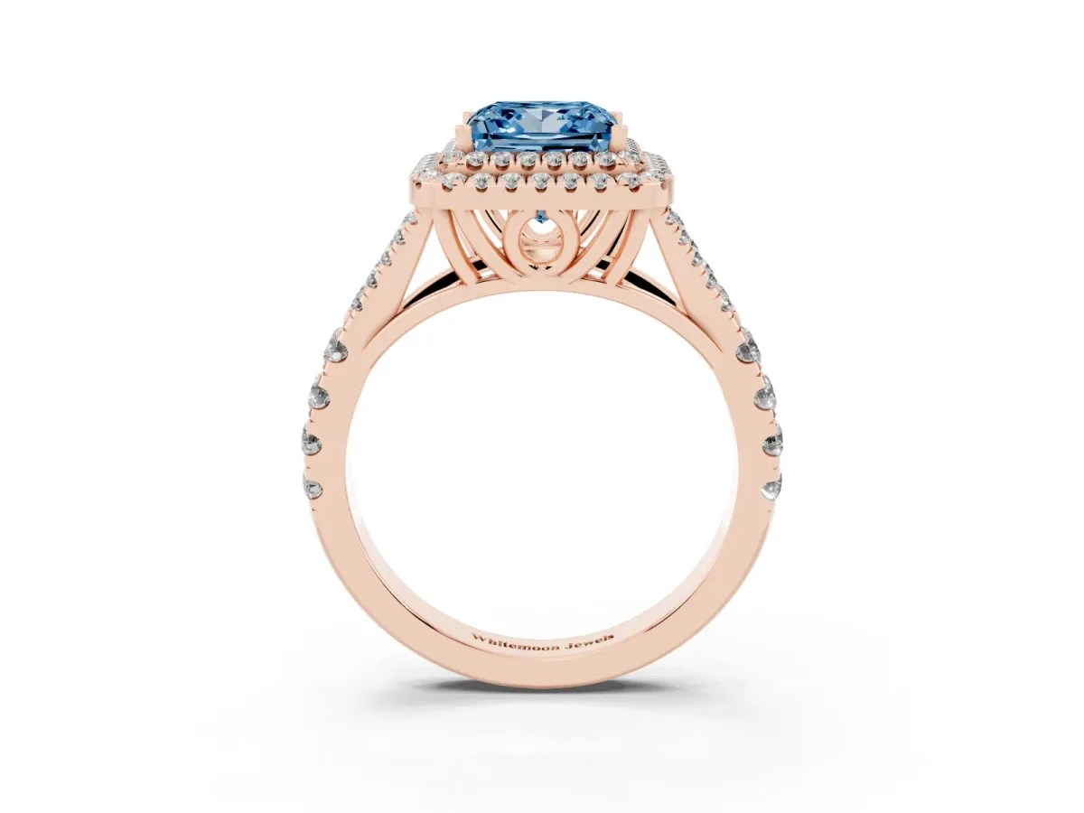 Fancy Blue Princess Cut Cut Double Halo Split Shank Diamond Ring with Prong Setting Rose gold