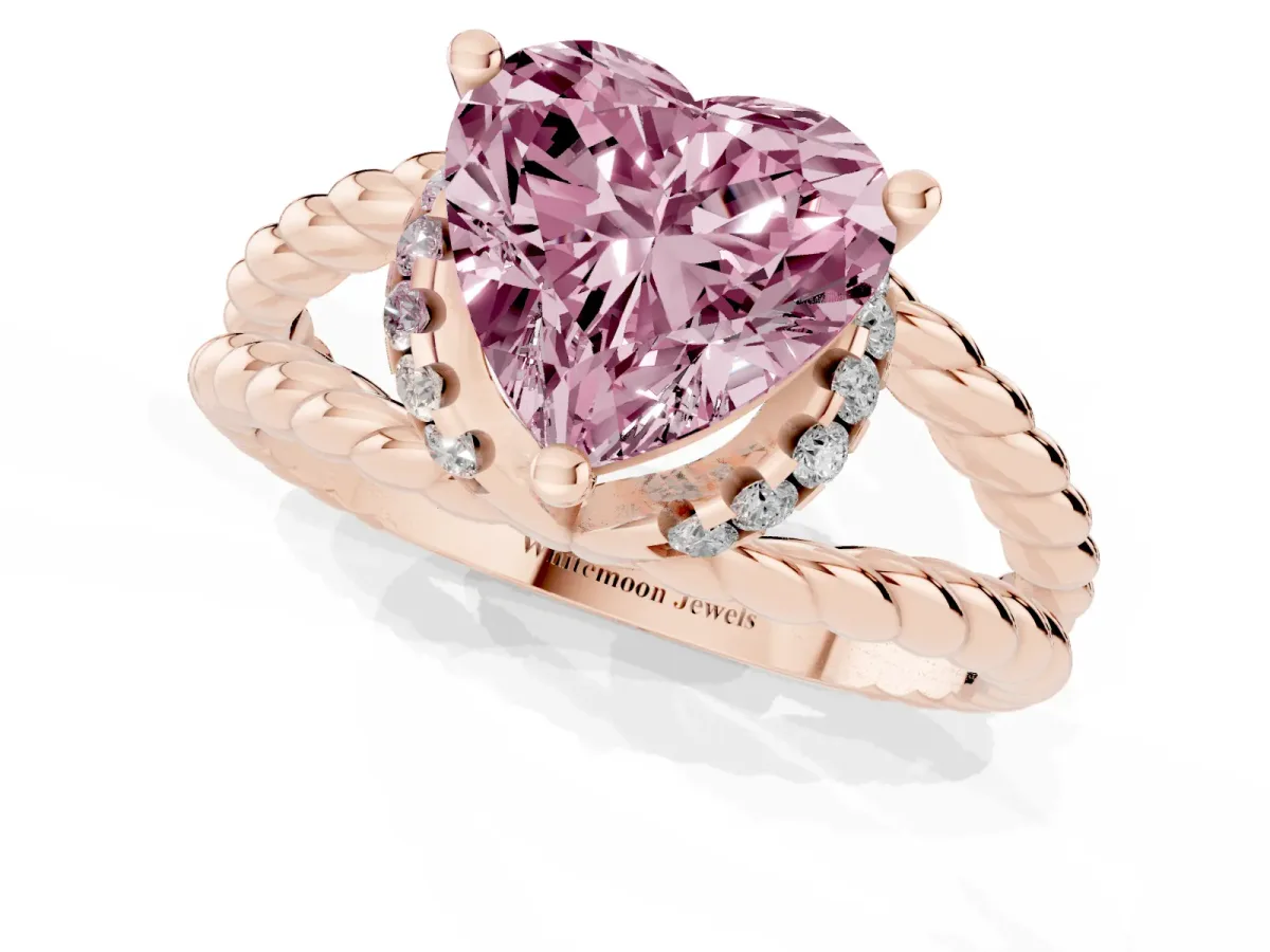Fancy Pink Heart Cut Halo Twisted Band Four-Prong Ring Rose gold