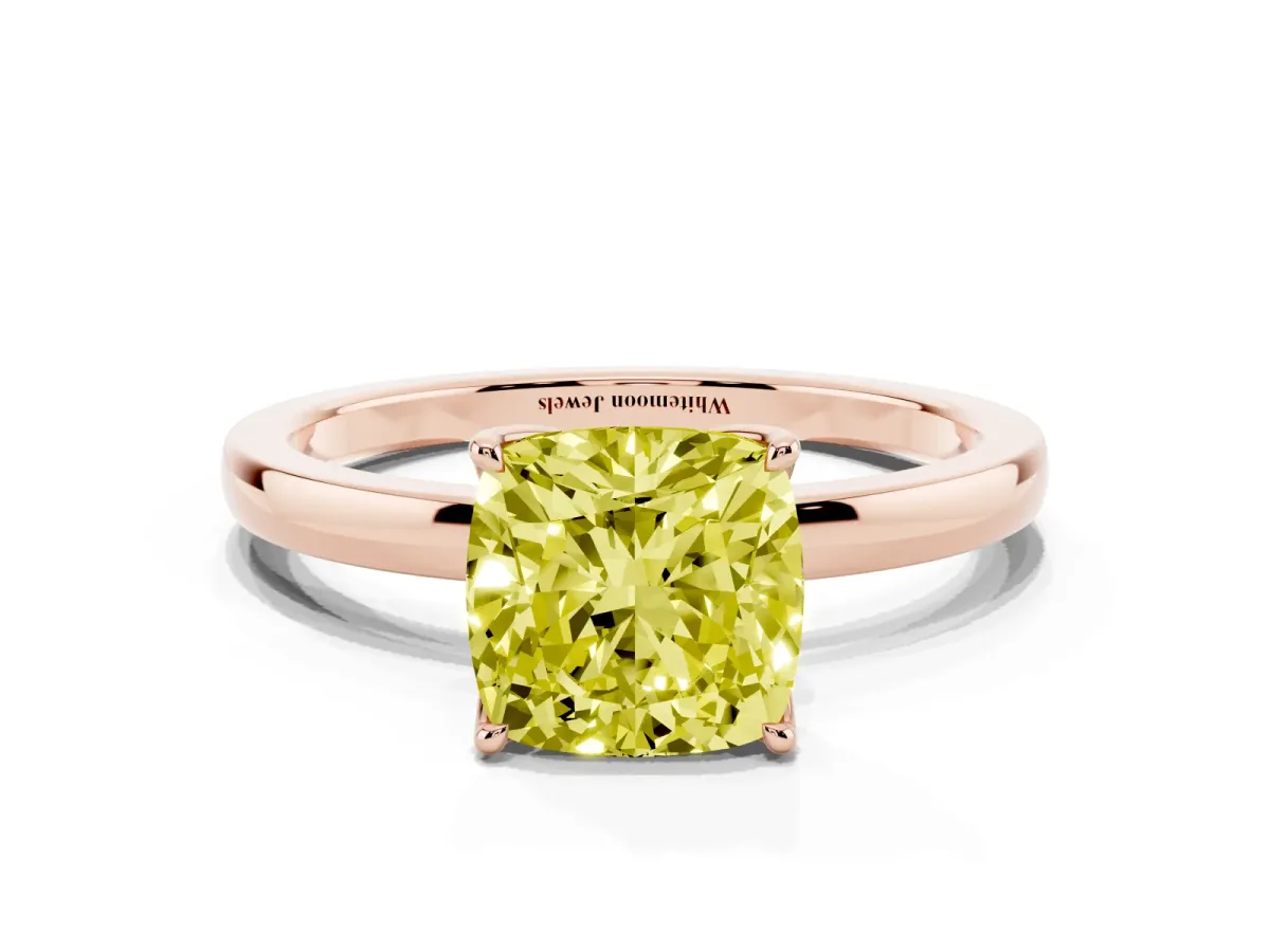 Fancy Yellow Cushion Cut Diamond Solitaire Ring with Thin Band and Prong Setting Rose gold