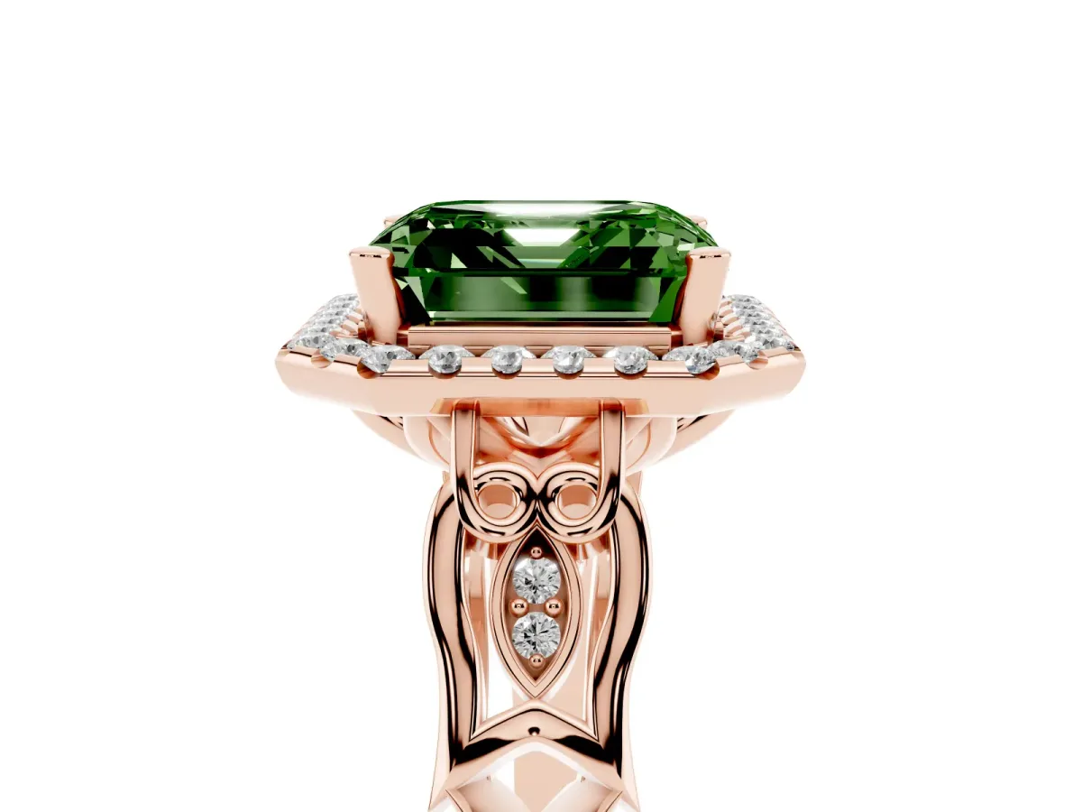 Fancy Green Asscher Cut Halo Diamond Engagement Ring with Filigree Band and Four-Prong Setting Rose gold