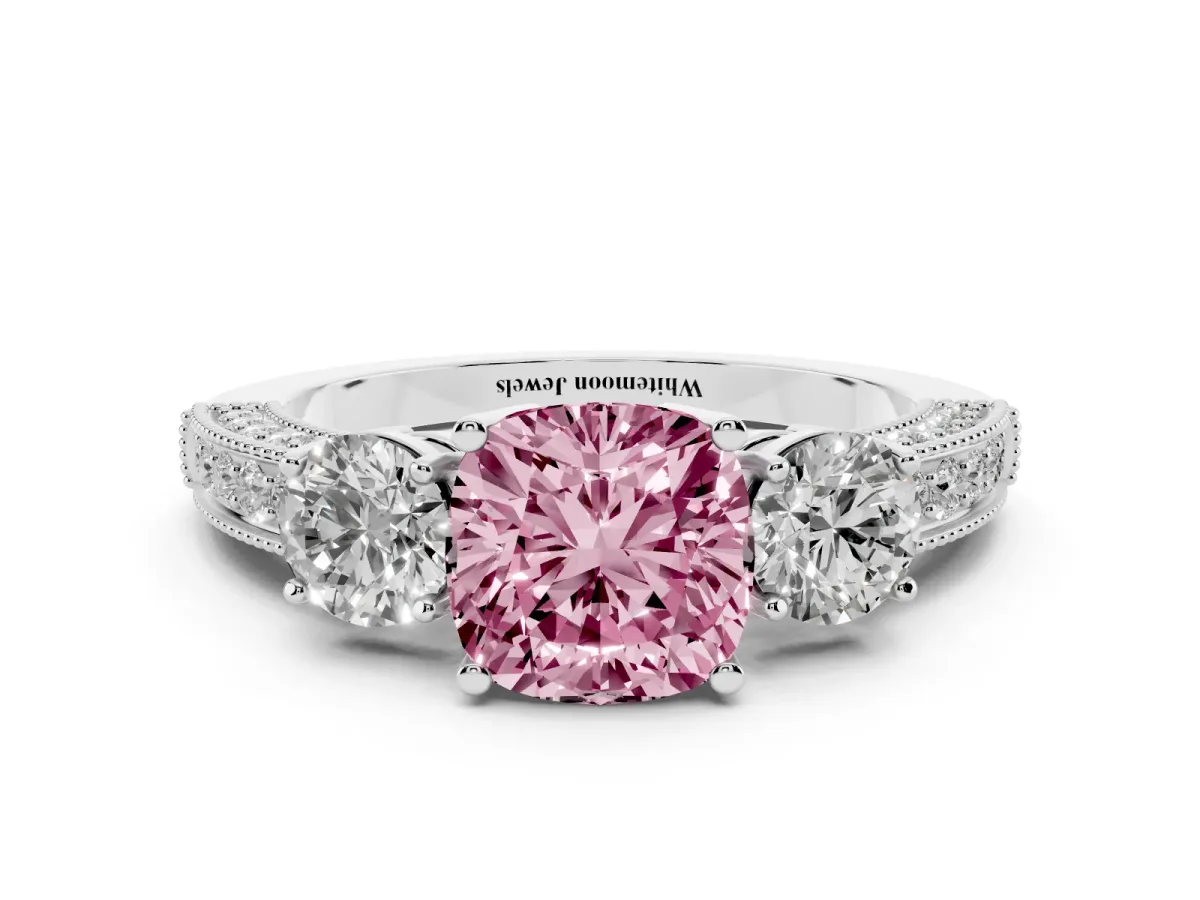 Fancy Pink Cushion Cut Three-Stone Diamond Ring with Pavé Band and Four-Prong Setting Silver