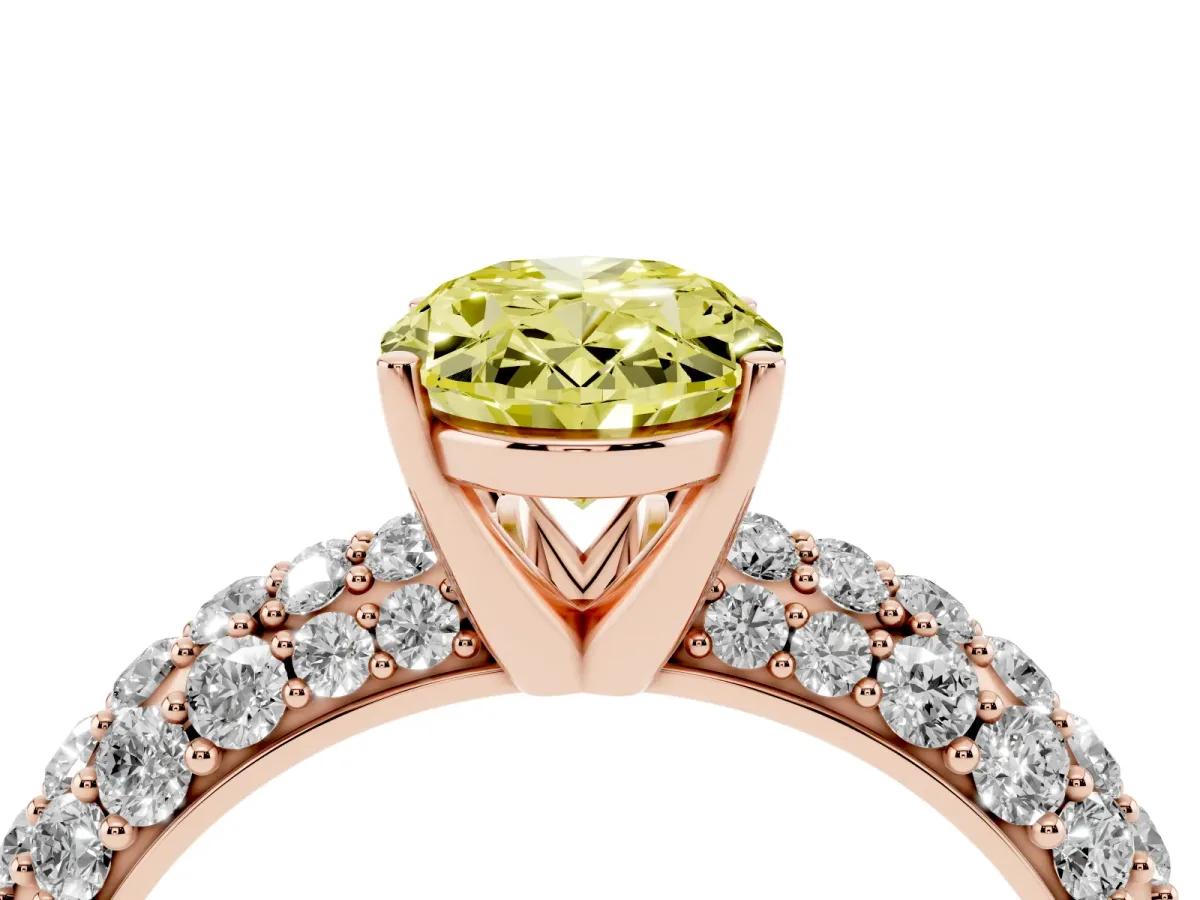 Fancy Yellow Oval Cut Diamond Pavé Band Solitaire Ring with Four-Prong Setting Rose gold
