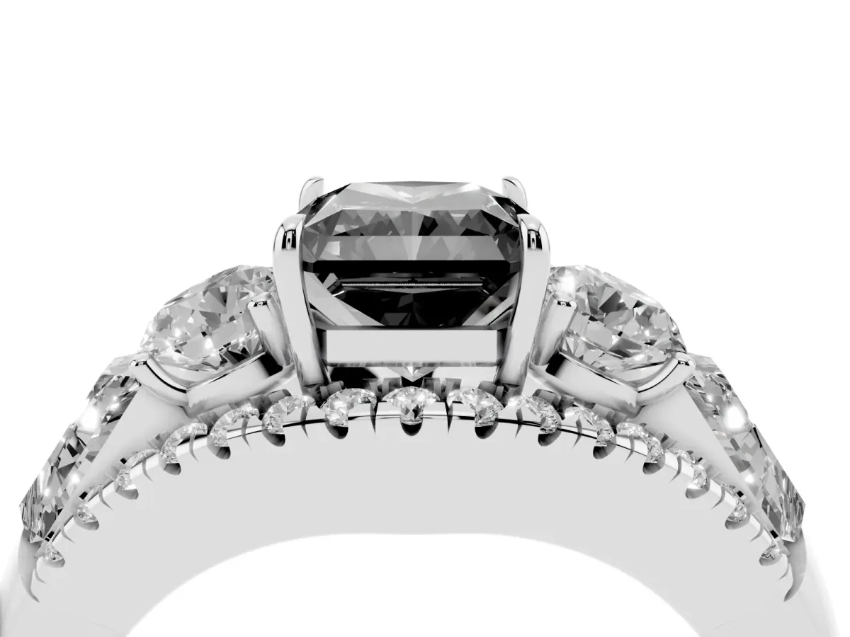 Fancy Black Three-Stone Radiant Cut Diamond Engagement Ring with Pave Band and Prong Setting Silver