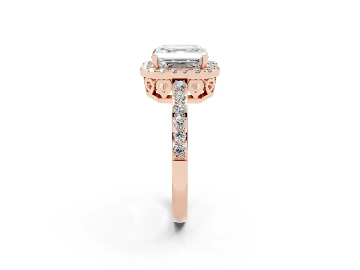 Asscher Cut Halo Diamond Pavé Band Ring with Prong Setting Rose gold