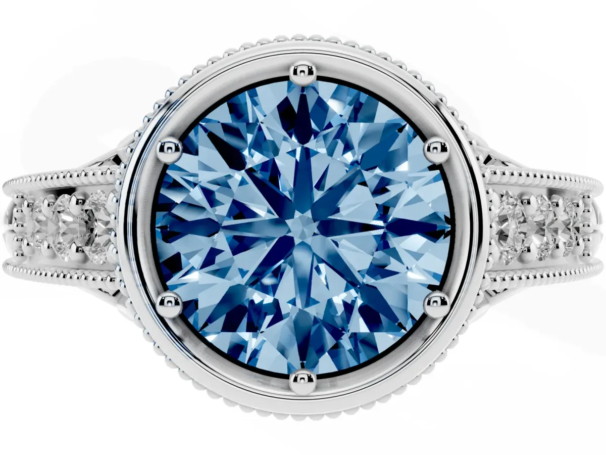 Fancy Blue Bezel Set Round Cut Diamond Milgrain Pave Engagement Ring Platinum