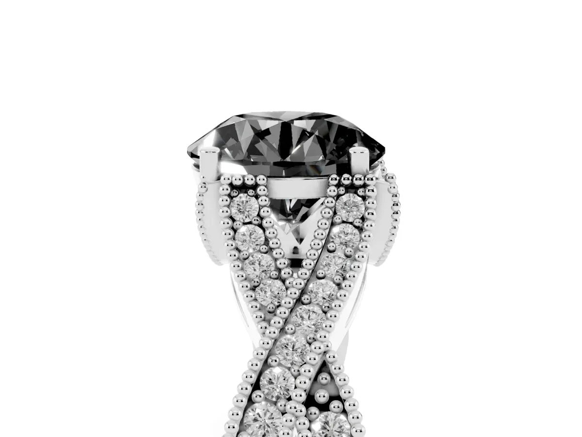 Fancy Black Round Cut Cut Diamond Twisted Band with Milgrain Pave Setting and Four-Prong Setting Silver