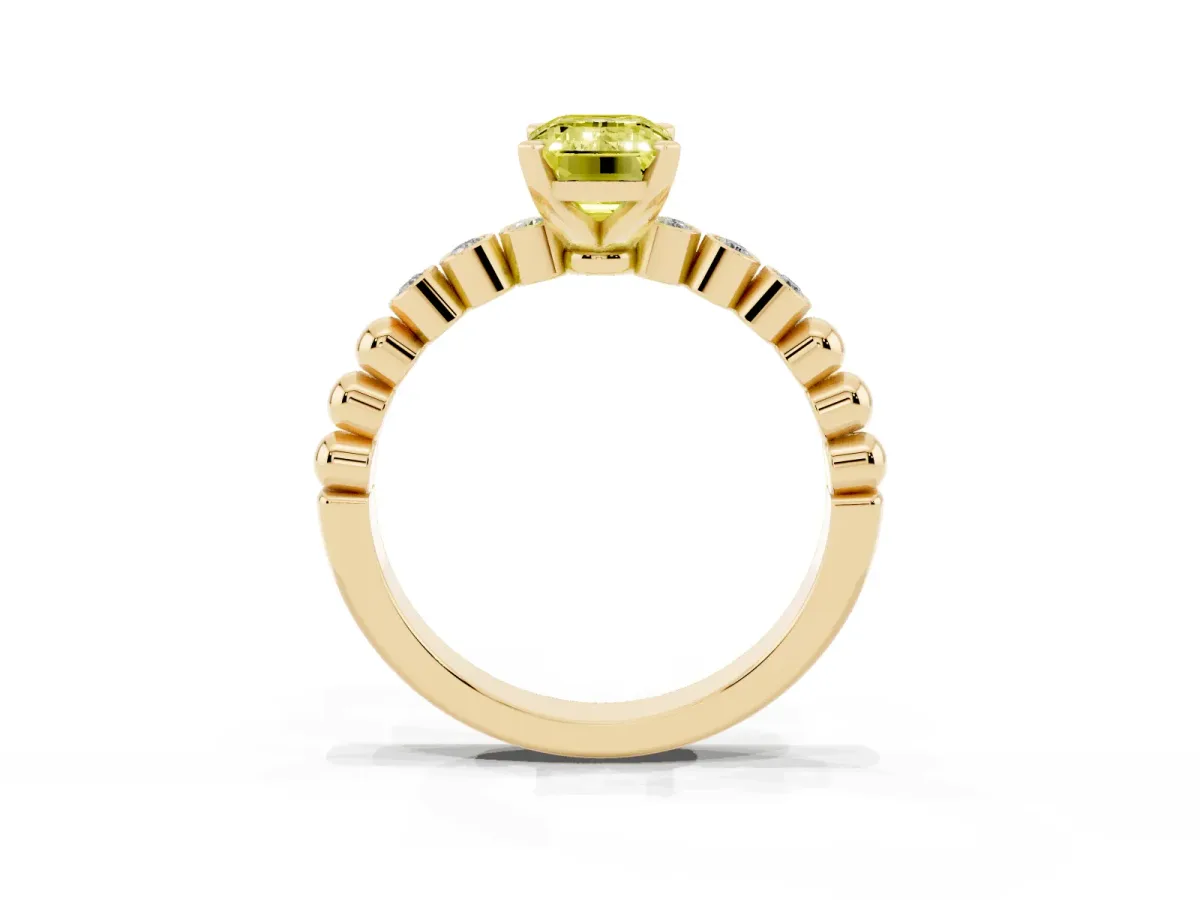 Fancy Yellow Emerald Cut Solitaire Bezel Accent Diamond Engagement Ring with Beaded Band and Four-Prong Setting Yellow gold