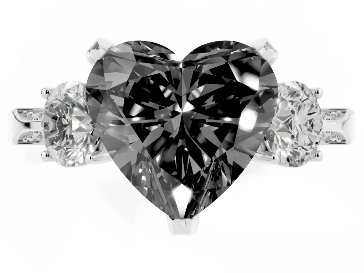 Fancy Black Heart Cut Brilliant Three-Stone Diamond Ring with Pavé Band and Four-Prong Setting Platinum