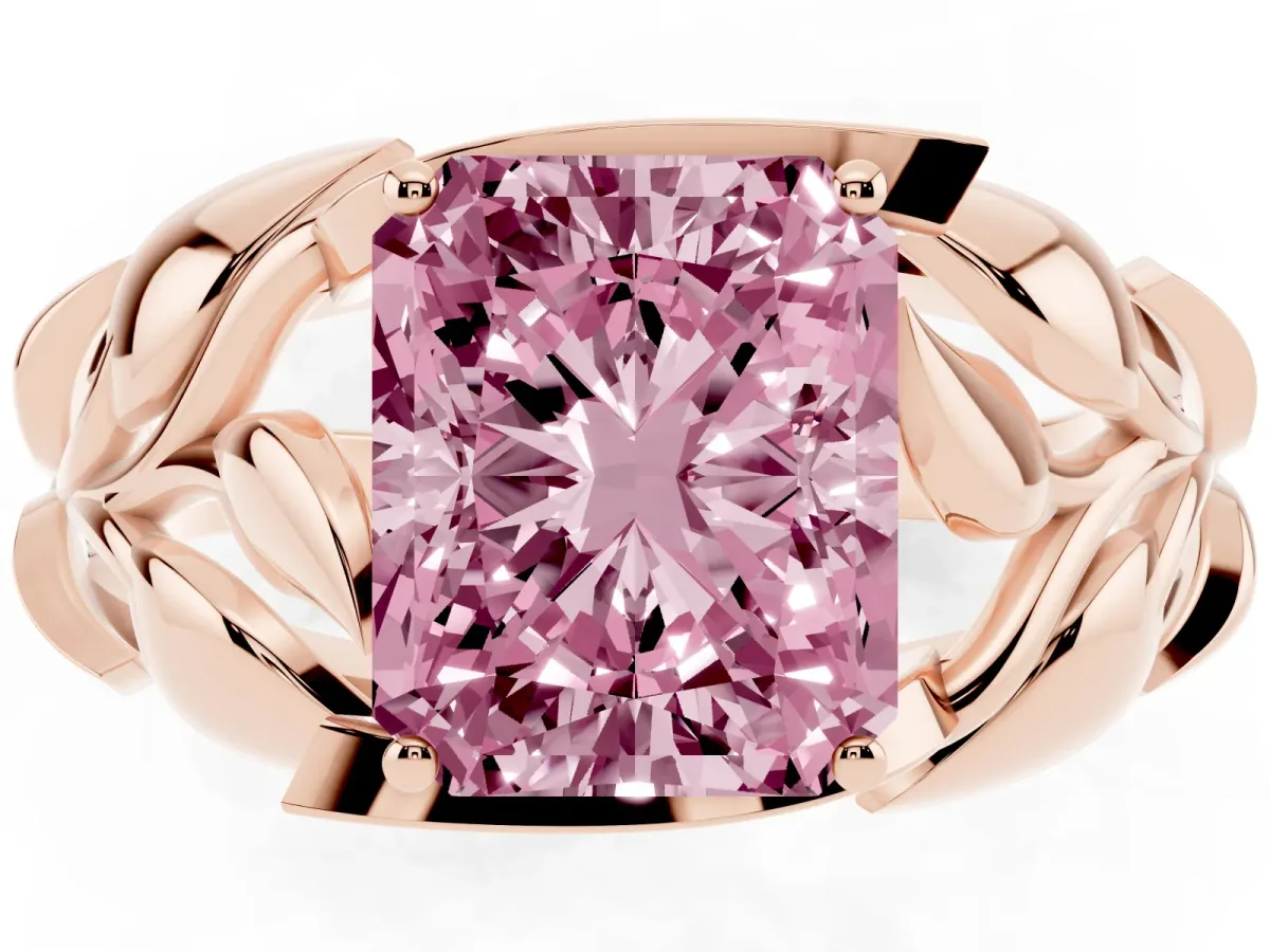 Fancy Pink Radiant Cut Diamond Leaf-Inspired Engagement Ring with Round Accents and Prong Setting Rose gold