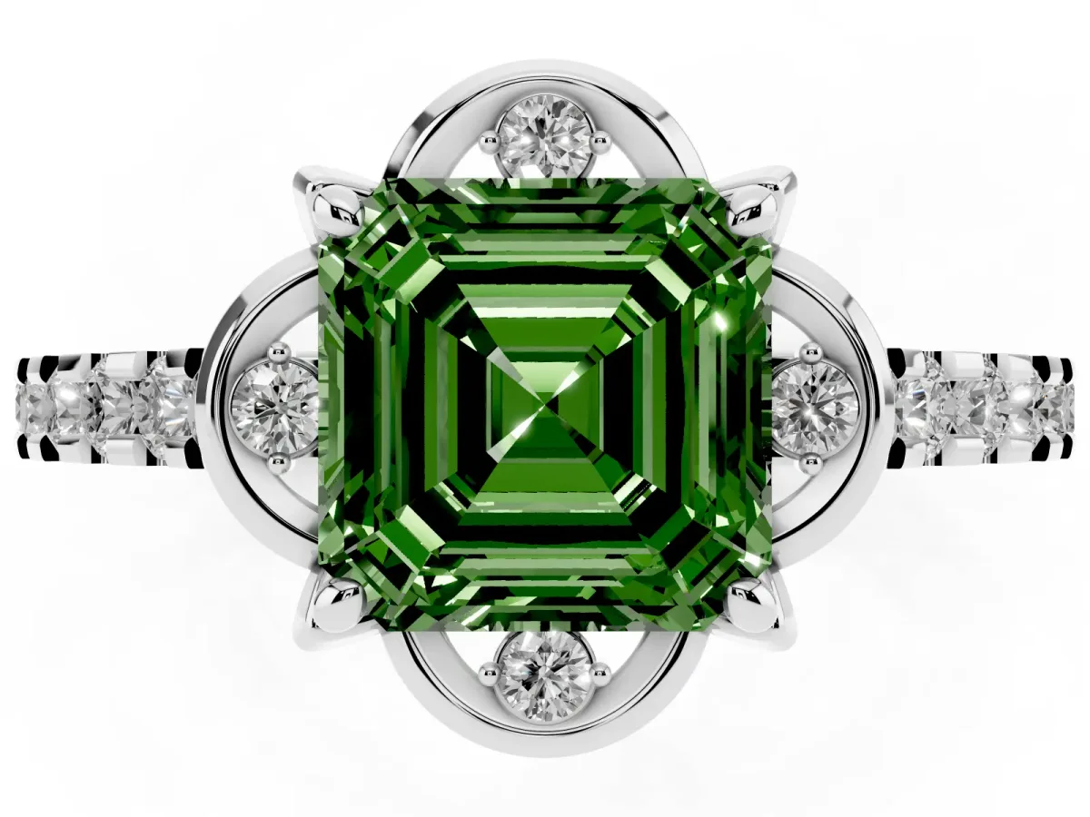 Fancy Green Asscher Cut Diamond Ring with Pavé Band and Floral Prong Setting White gold