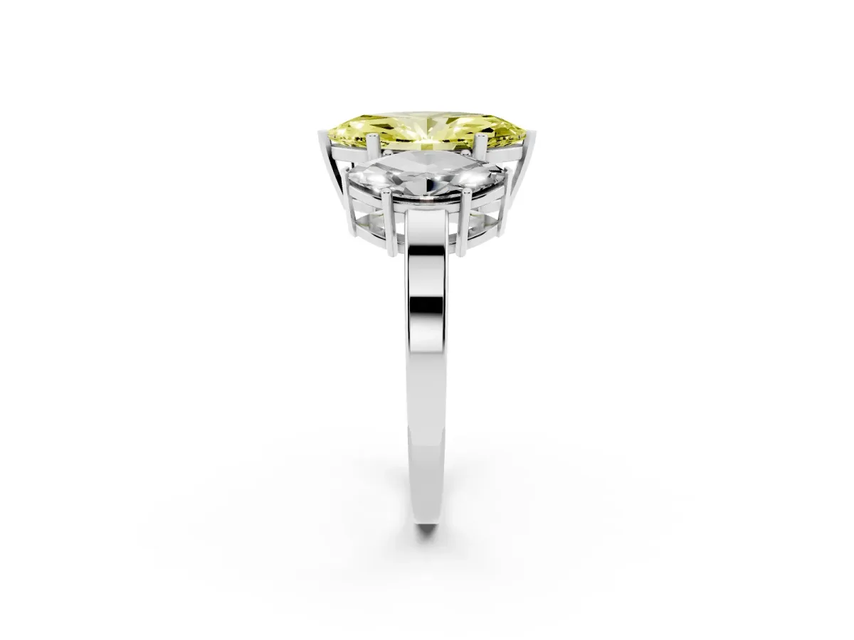 Fancy Yellow Three-Stone Marquise Cut Cut Diamond Engagement Ring with Flat Band and Four-Prong Setting Silver