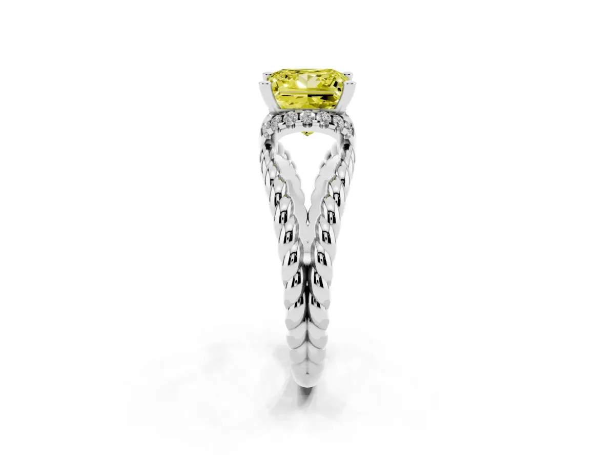 Fancy Yellow Princess Cut Halo Twisted Band Four-Prong Ring Silver