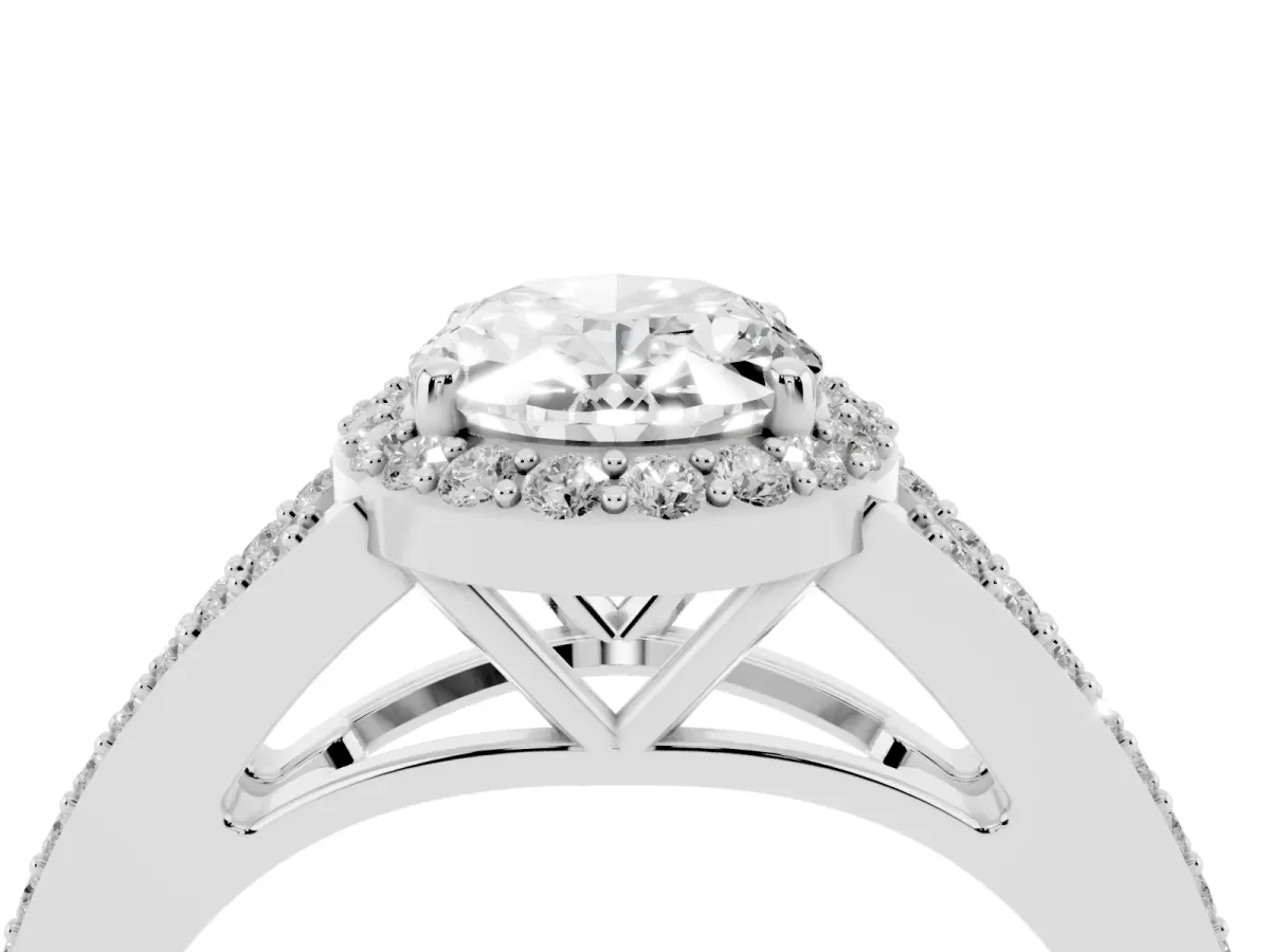 Oval Cut Halo Split Shank Pave Diamond Ring with Four-Prong Setting Silver