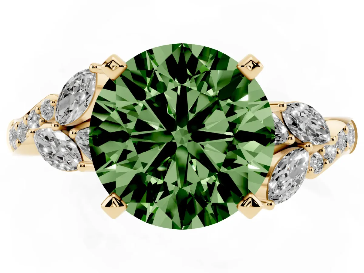 Fancy Green Round Cut Solitaire Marquise Twist Band with Six-Prong Setting Yellow gold